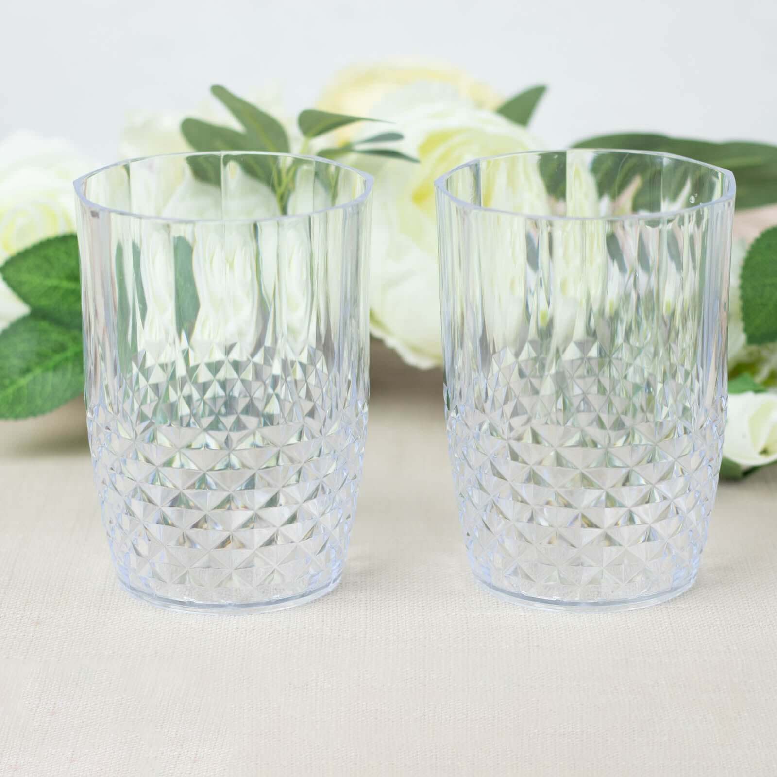 6-Pack Plastic Short Tumblers Clear Crystal Cut Style - Reusable All-Purpose Glasses 16oz