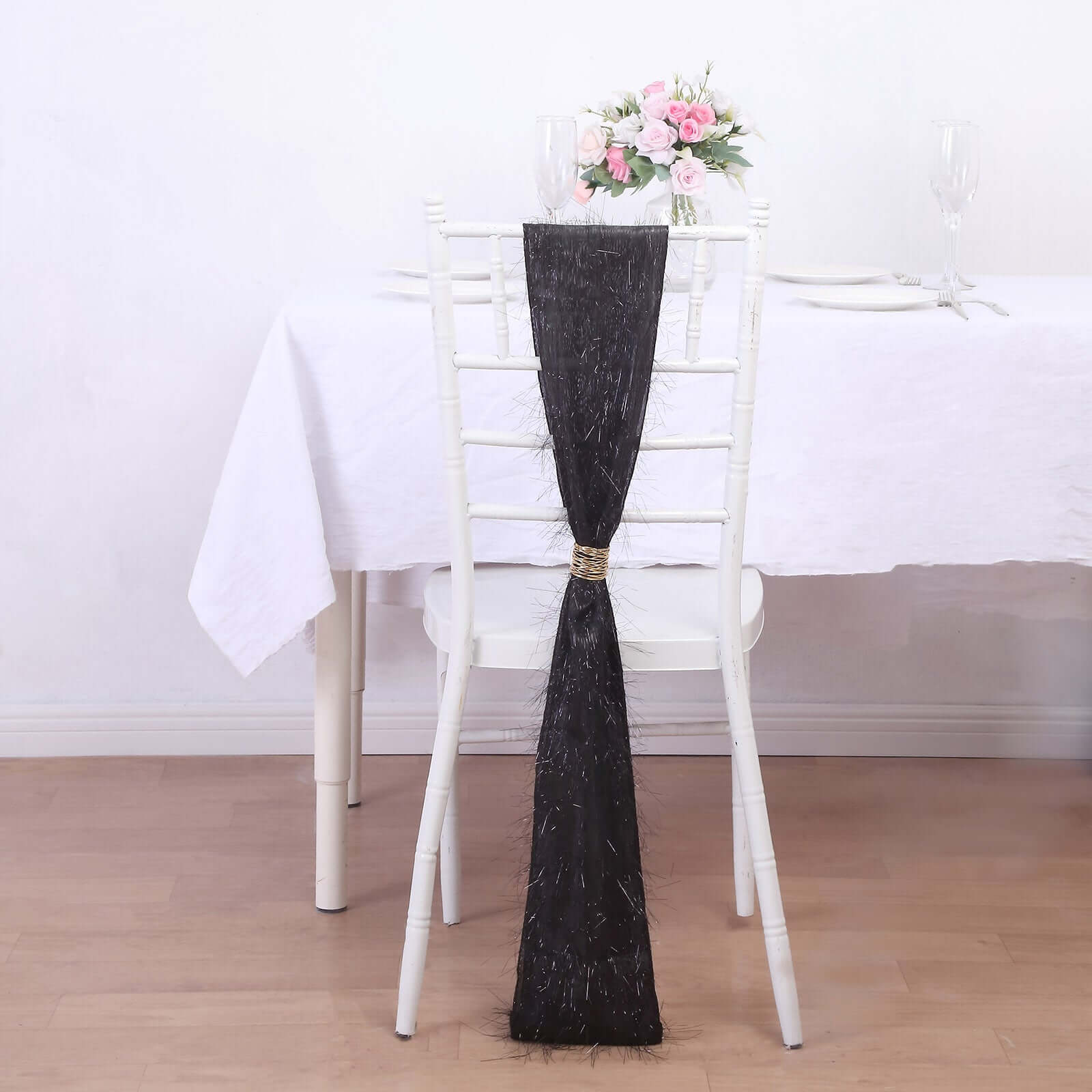 5 Pack Polyester Chair Sashes Black Metallic Tinsel Fringe - Easy to Use Chair Bows 6x108