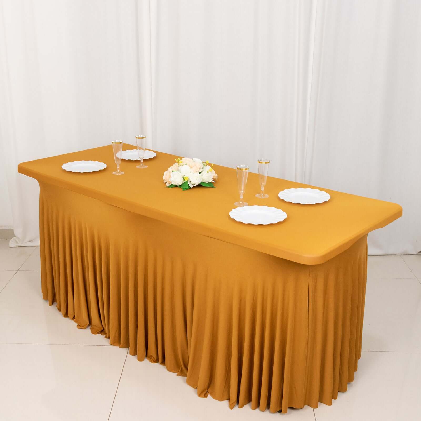 Spandex Rectangle 72x30 Table Skirt Gold with Wavy Skirt-Like Effect Stylish Table Cover for Weddings, Banquets & Trade Shows