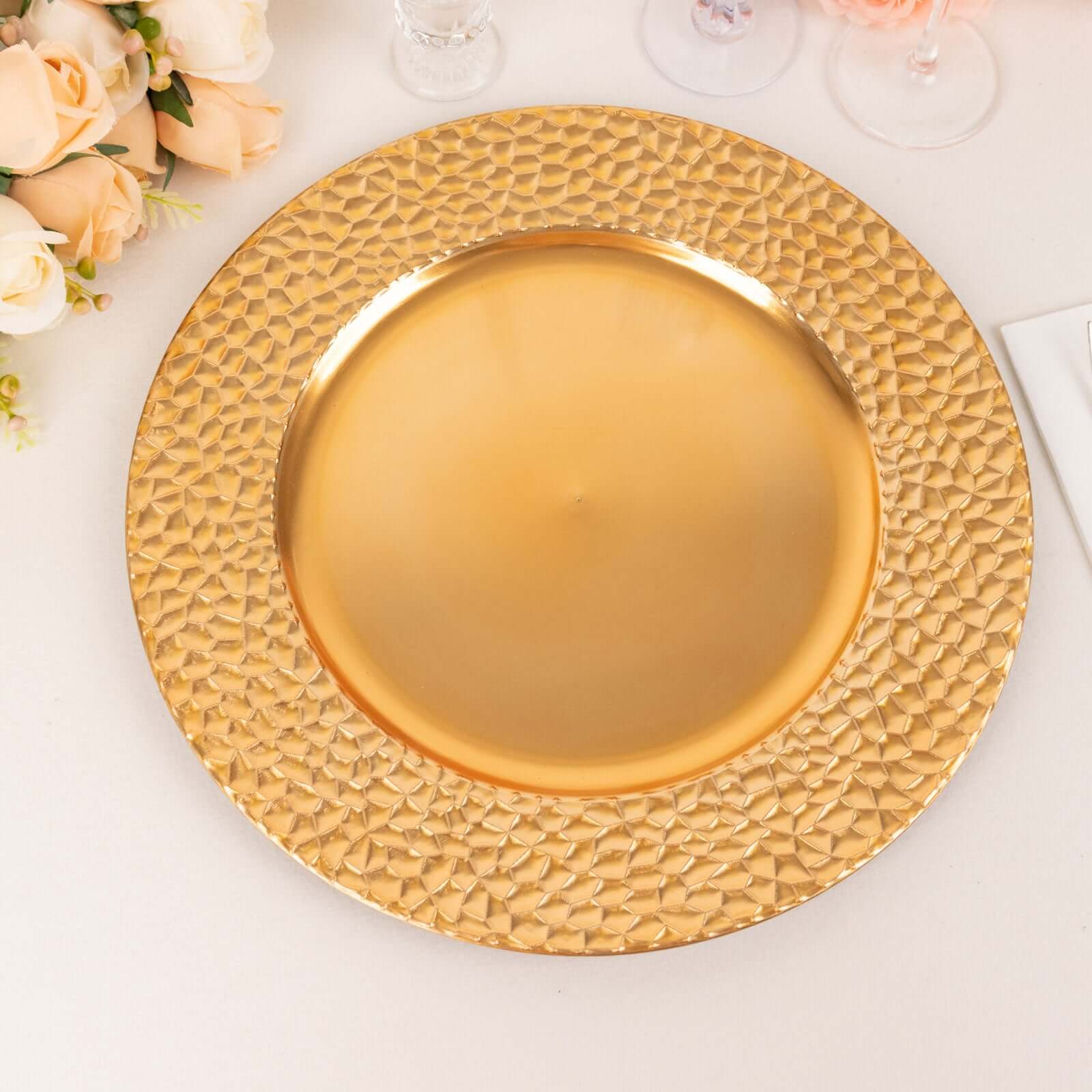 6-Pack Acrylic Round Charger Plates 13 in Metallic Gold with Hammered Rim, Plastic Decorative Dinner Party Charger Tableware