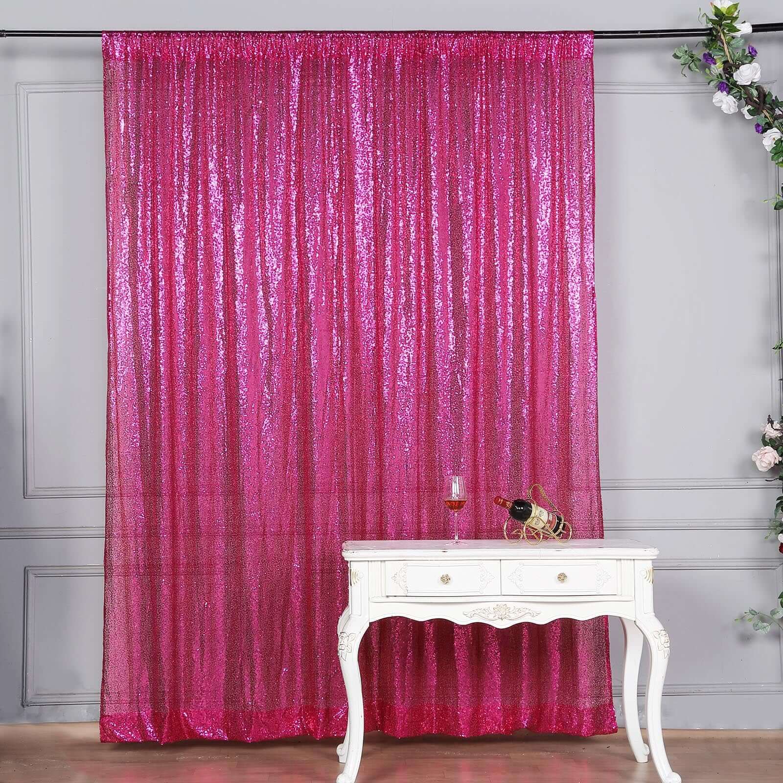 8ftx8ft Fuchsia Sequin Event Curtain Drapes, Backdrop Event Panel