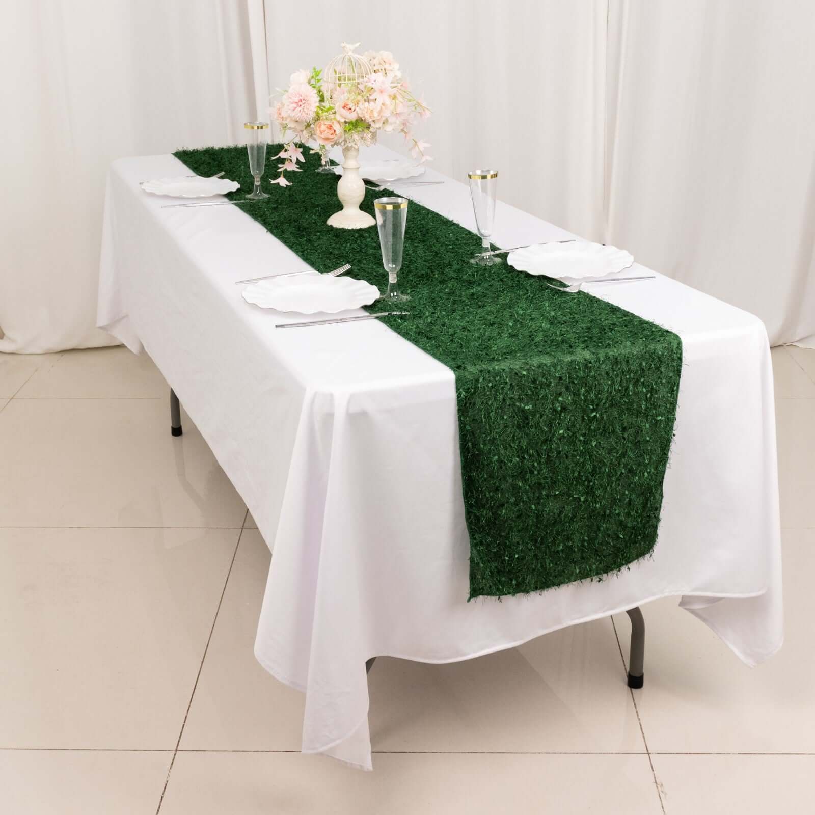 Polyester 12x108 Table Runner Green - Fringe Shag Table Decor