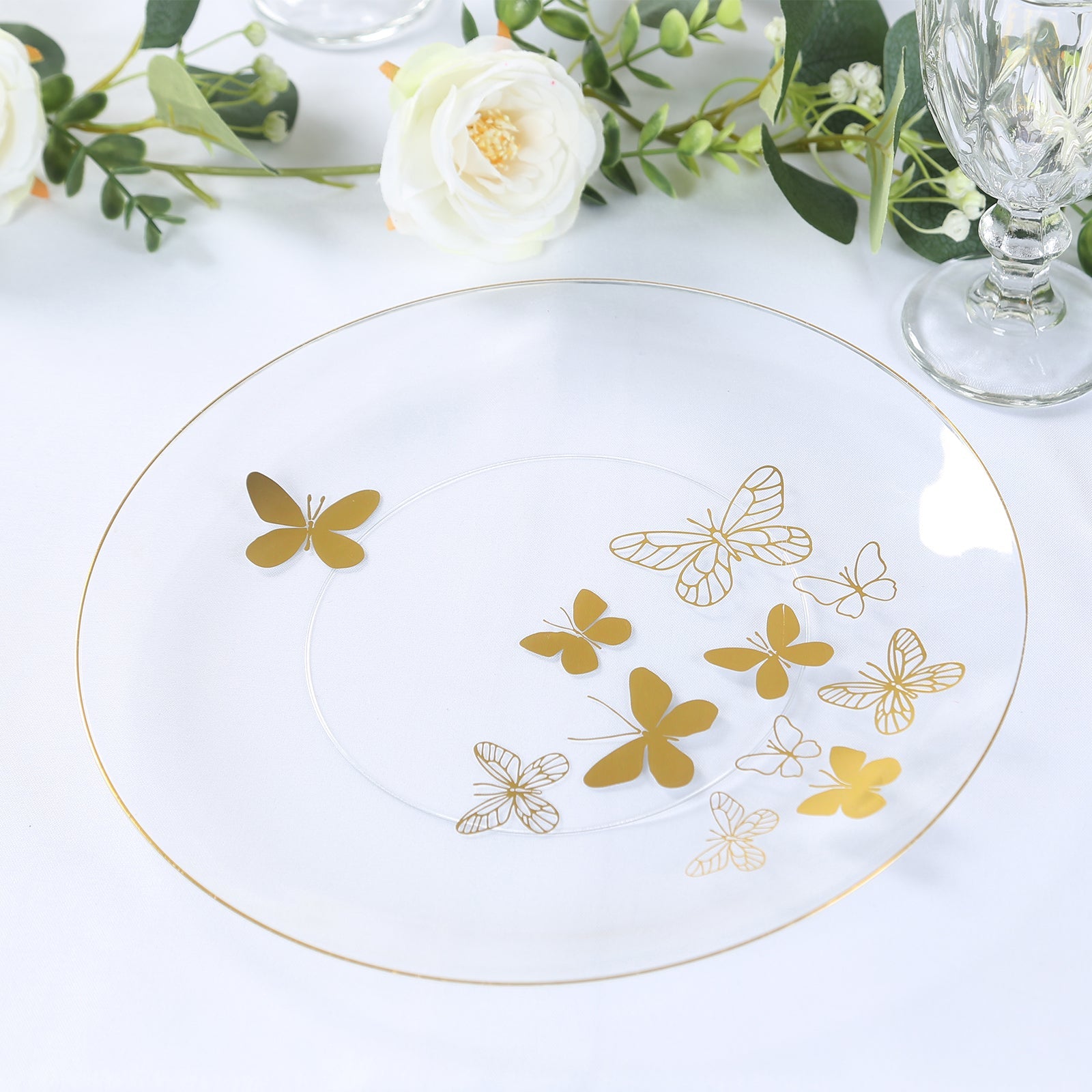 Set of 20 Plastic Round Dinner and Salad Plates in Clear with Gold Butterfly Design & Gold Rim - Stylish Disposable Dinnerware 8, 10