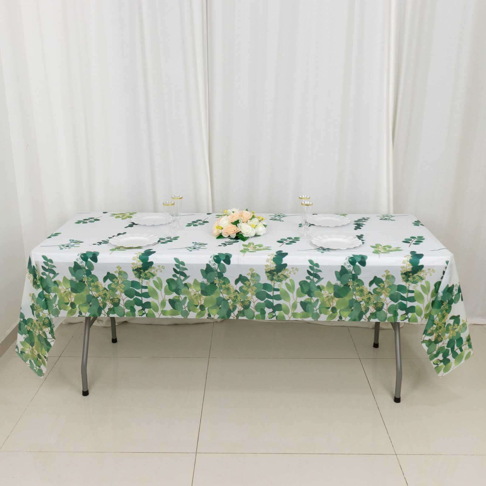 5-Pack Plastic Table Covers White/Green Rectangle with Eucalyptus Leaves Print - Decorative PVC Disposable Tablecloths 54x108