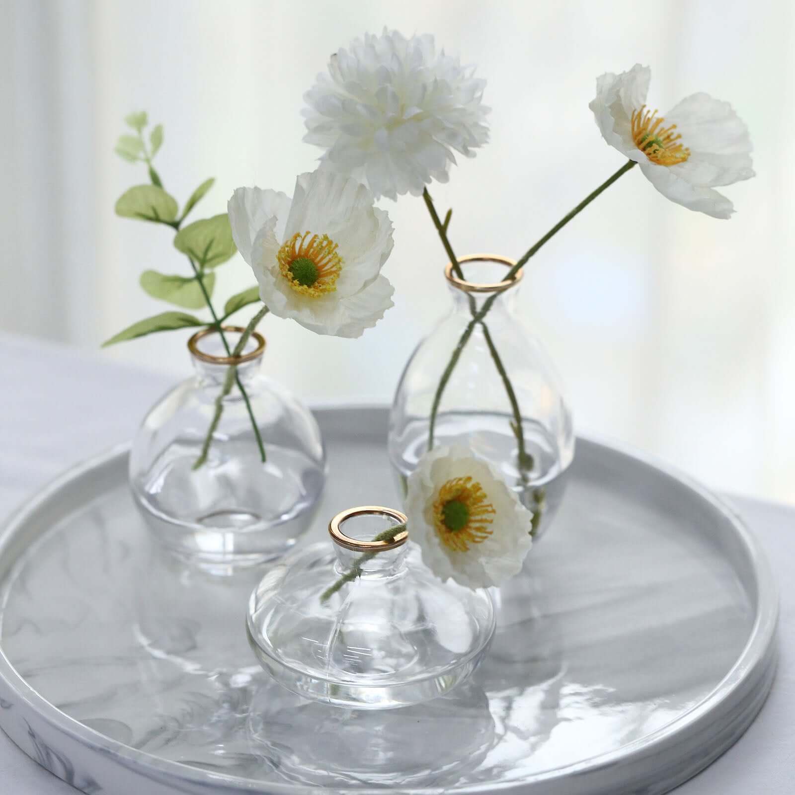 Set of 3 Clear Glass Bud Vases with Metallic Gold Rim - Modern Flower Table Centerpieces Assorted Sizes