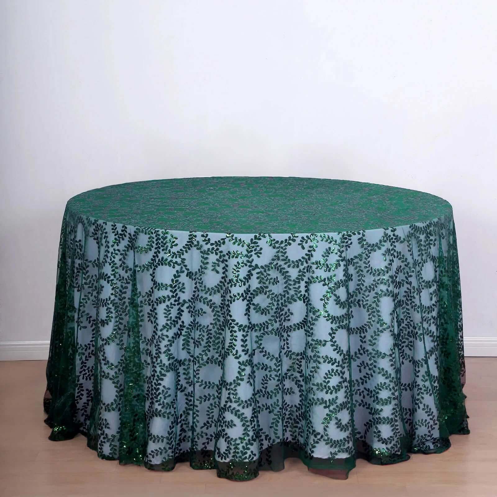 Tulle 120 Round Tablecloth Hunter Emerald Green - Seamless Sequin Leaf Embroidered Table Cover