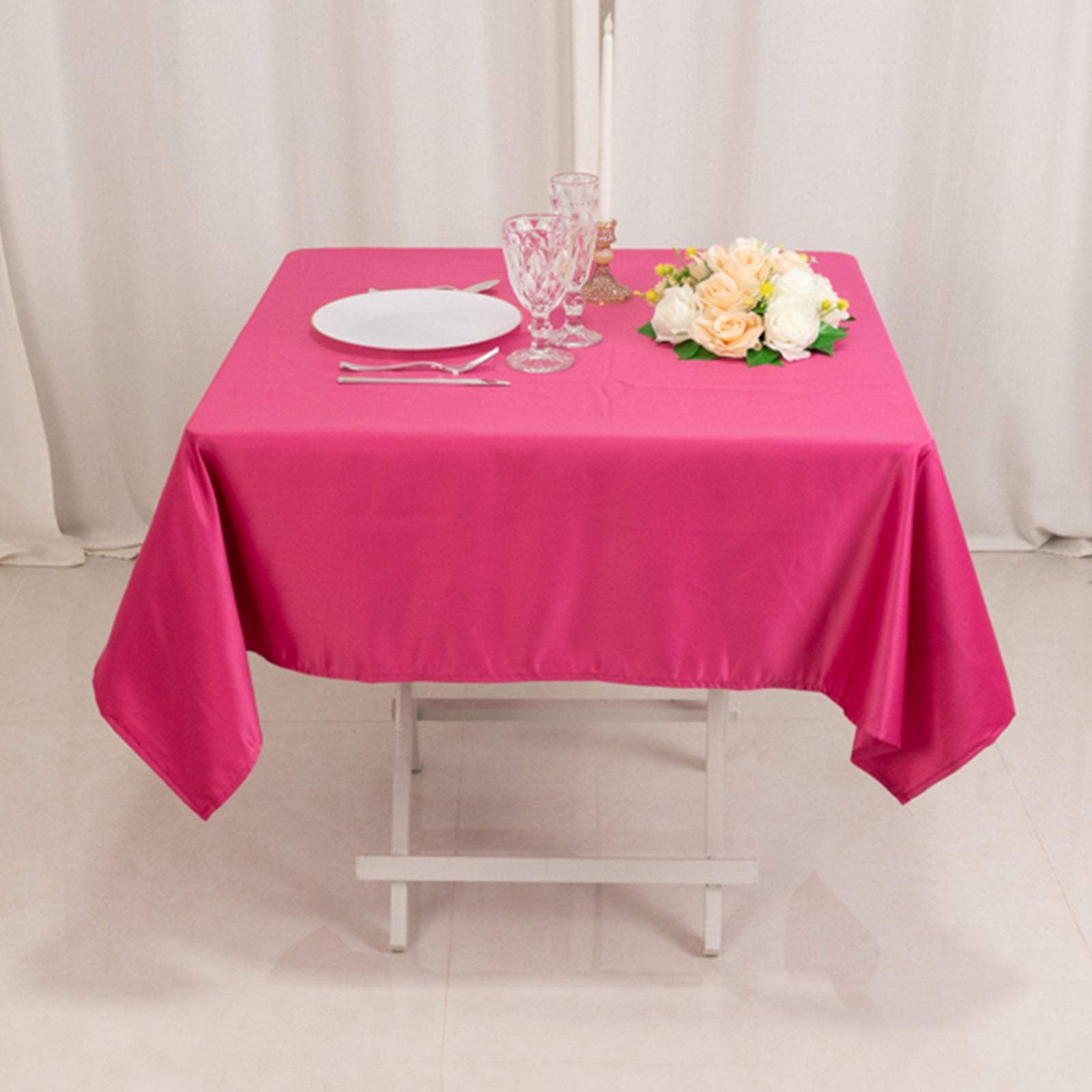 Lamour Satin 54x54 Square Tablecloth Fuchsia - Durable & Silk-Like Table Cover