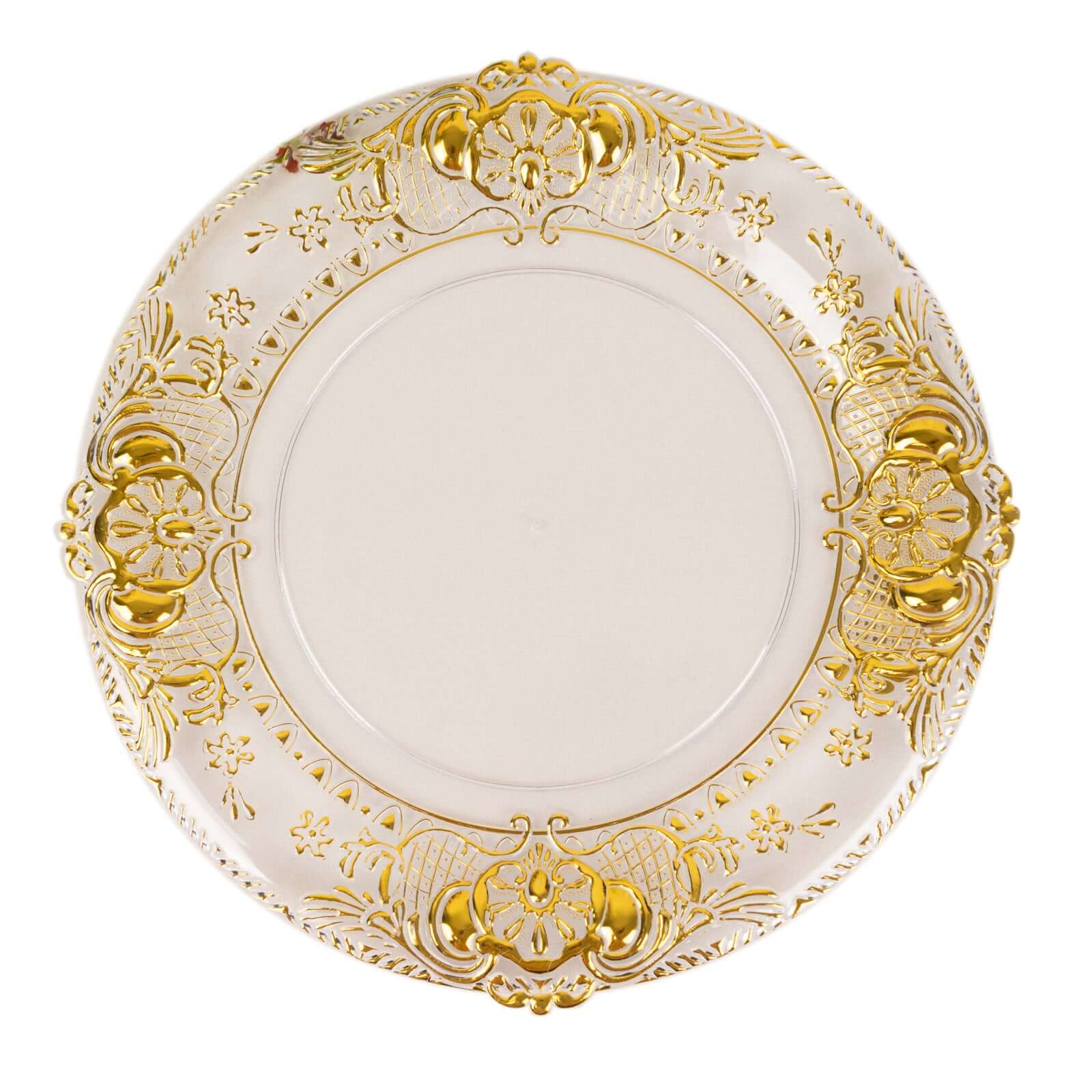 6-Pack Plastic Round Charger Plates 13 in Clear with Gold Florentine Embossed Rim, Exquisite Dinner Serving Plates