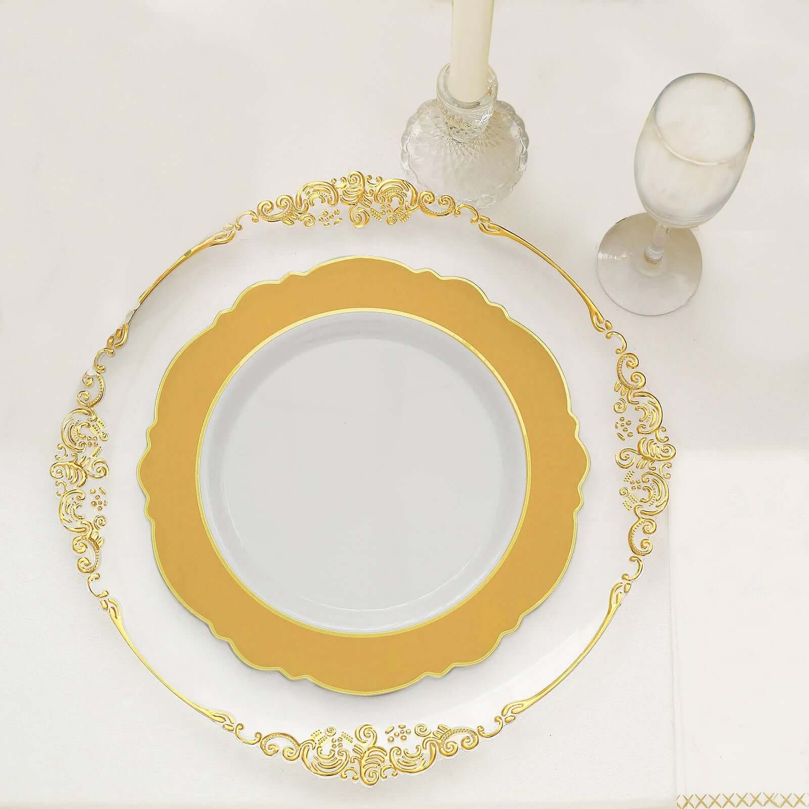 10-Pack Plastic 10 Round Dinner Plates in White with Gold Blossom Design & Gold Edging - Disposable Party Plates for Modern & Classy Table Decor