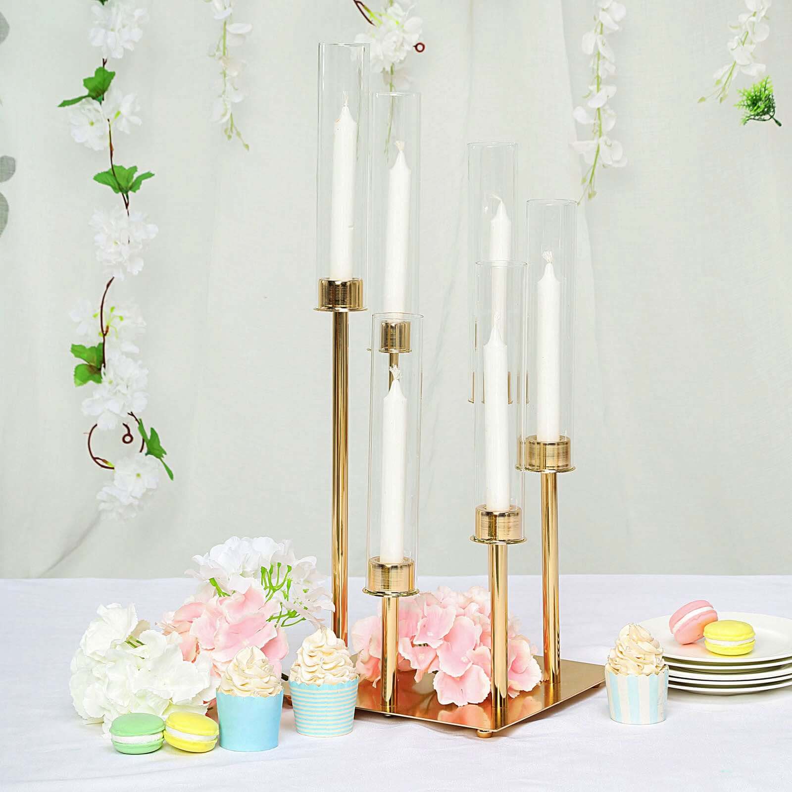 6-Arm Cluster Taper Candle Holder Gold with Clear Glass Shades - Sleek Candle Display for Gatherings 24