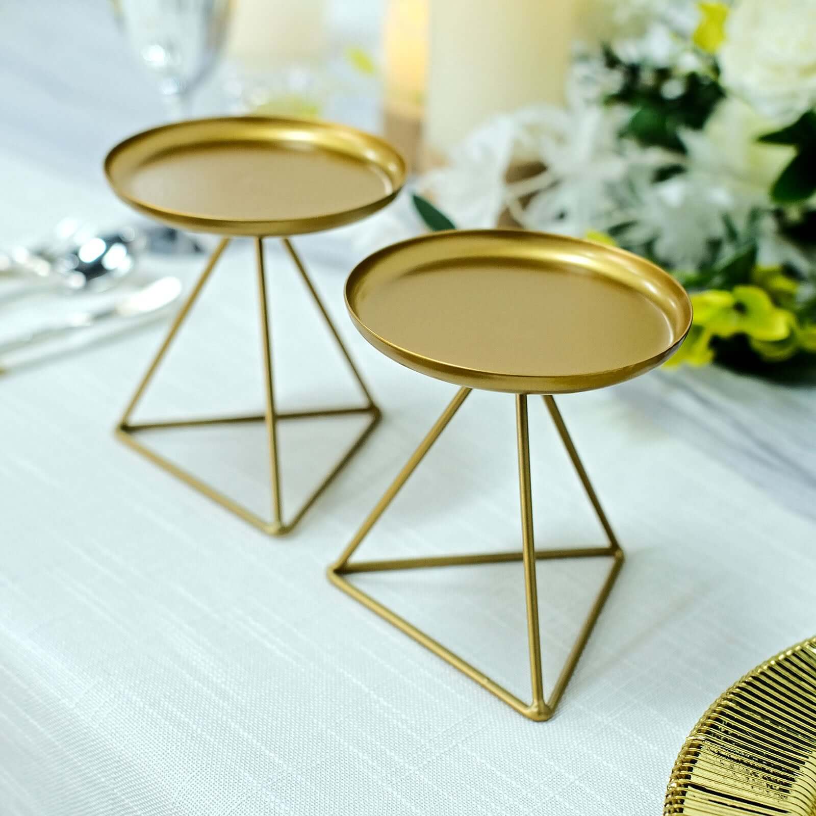 2-Pack Pillar Candle Holders Gold Metal Geometric Triangle Base Design - Decorative Centerpiece 5