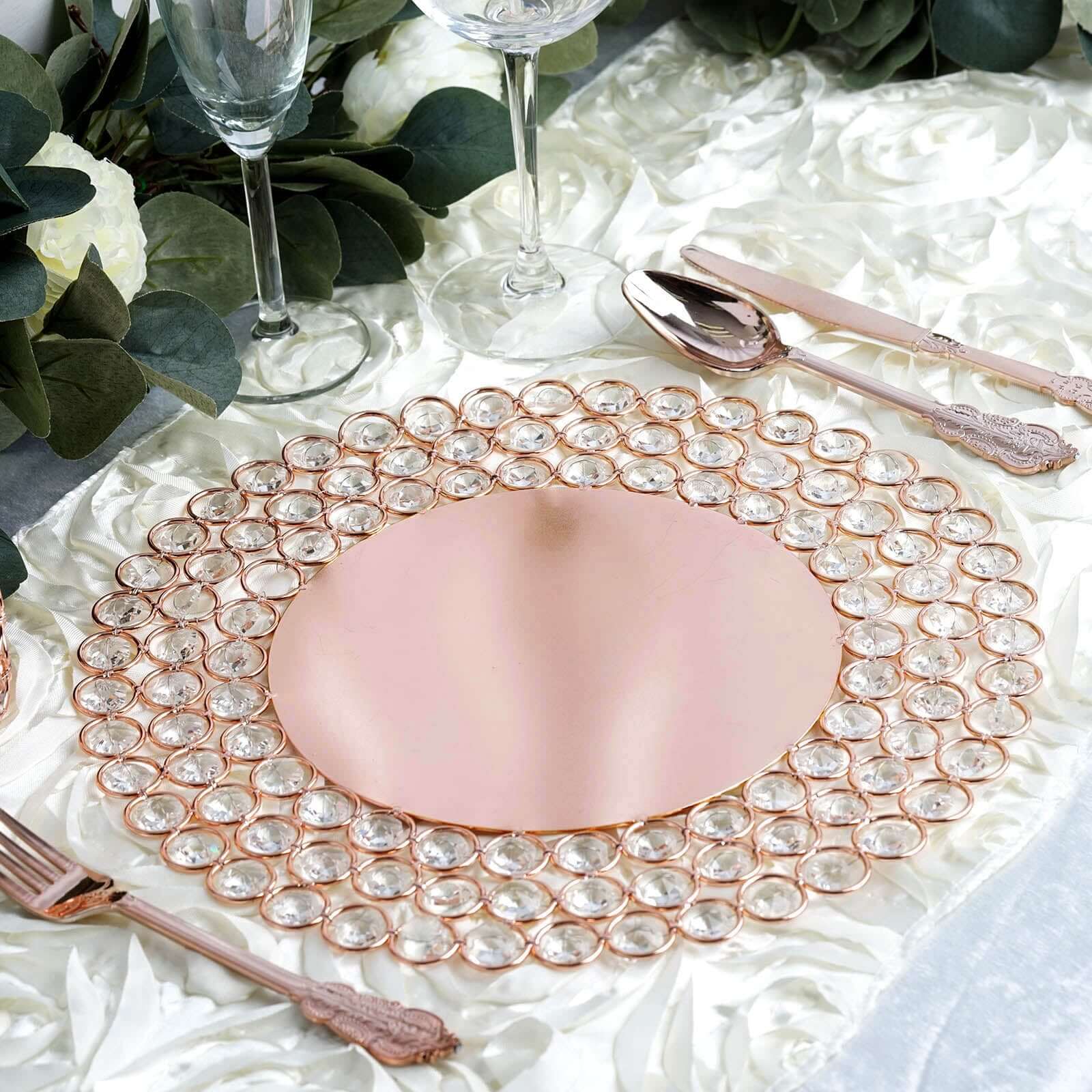 Wired Metal Round Charger Plate 14 in Rose Gold with Acrylic Crystal Beads, Glamorous Decorative Dinner Charger Tableware