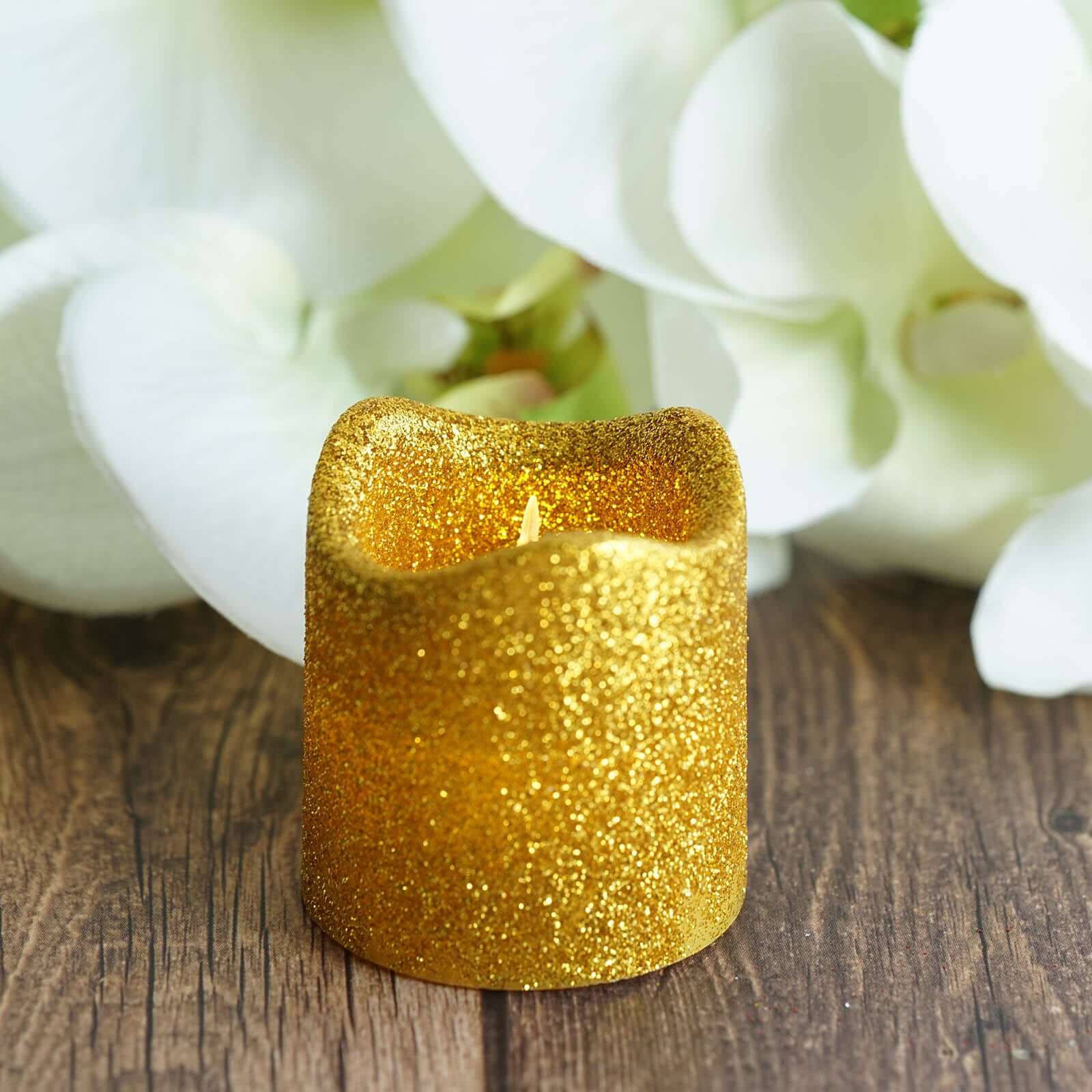 12-Pack LED Votive Candles Glittered Gold Design - Reusable Flameless Battery Operated Lights