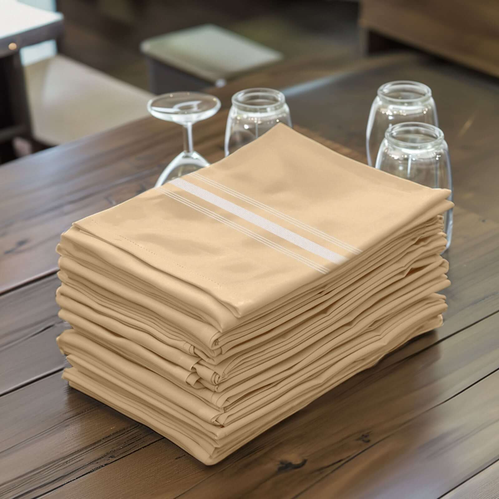 10 Pack Premium Spun Polyester 18x22 Napkins Champagne/White Bistro Style - Highly Absorbent Cotton-Like Feel Cloth Napkins