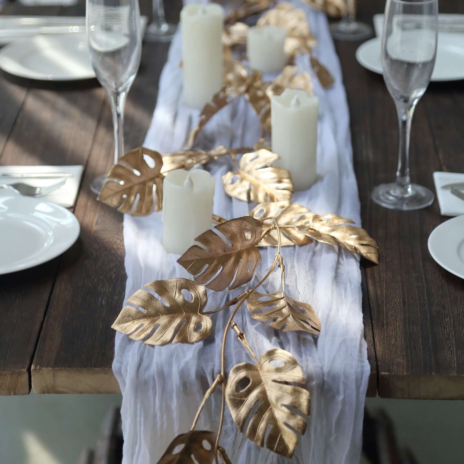 Artificial Monstera Leaf Hanging Vine Metallic Gold - Faux Table Garland for Tropical Outdoor & Boho-Inspired Events 7ft