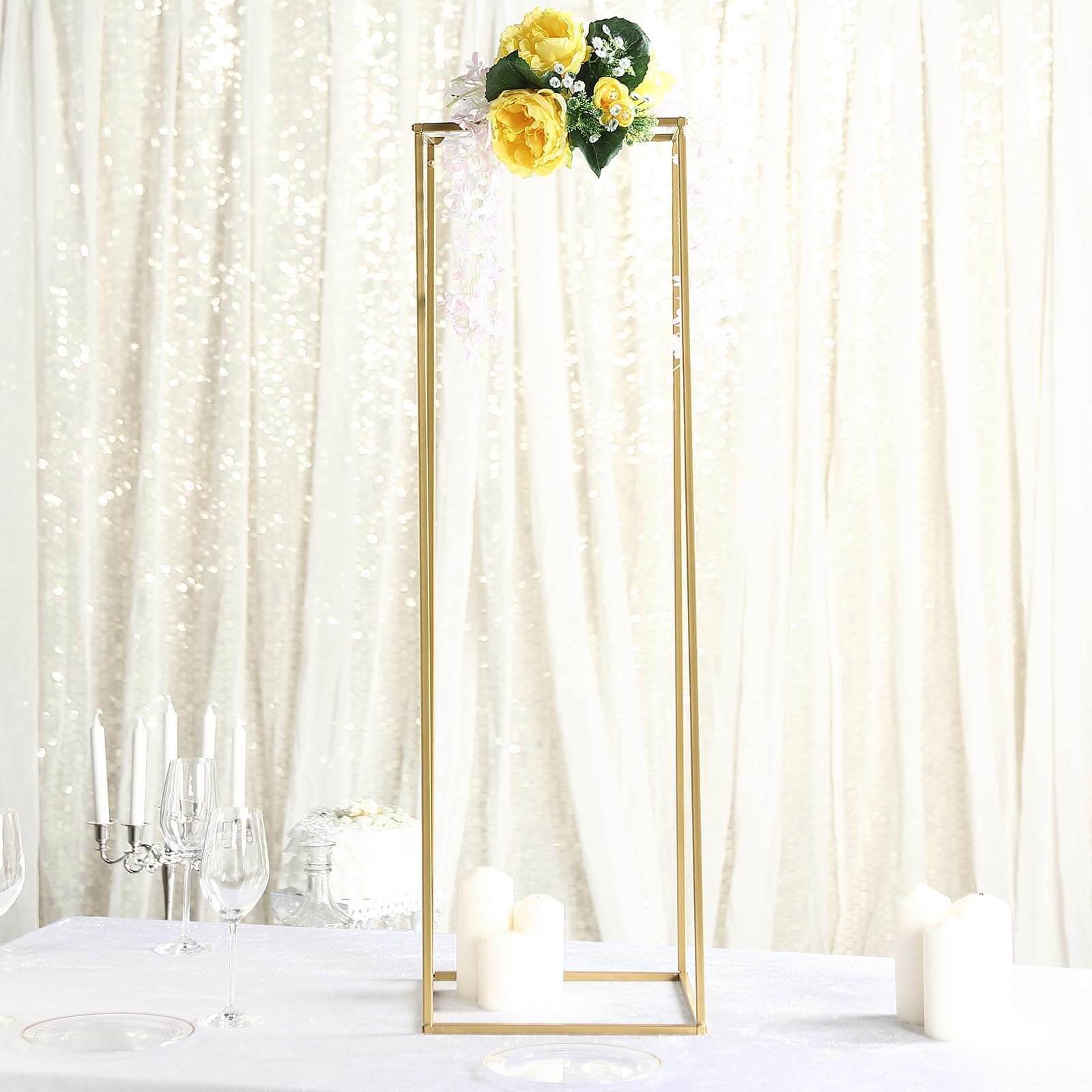 2-Pack Wedding Flower Stand Gold Metal Geometric Column Frame Rectangular - Versatile Floral Pedestal for Sophisticated Arrangements 40