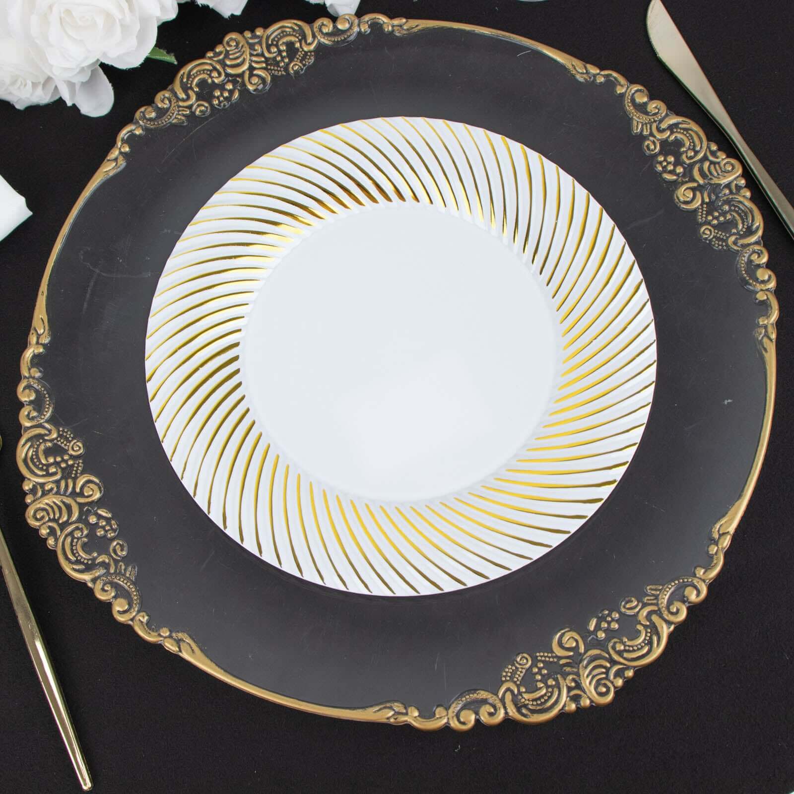 10-Pack Plastic 9 Round Dinner Plates White with Gold Swirl Rim - Disposable Party Plates