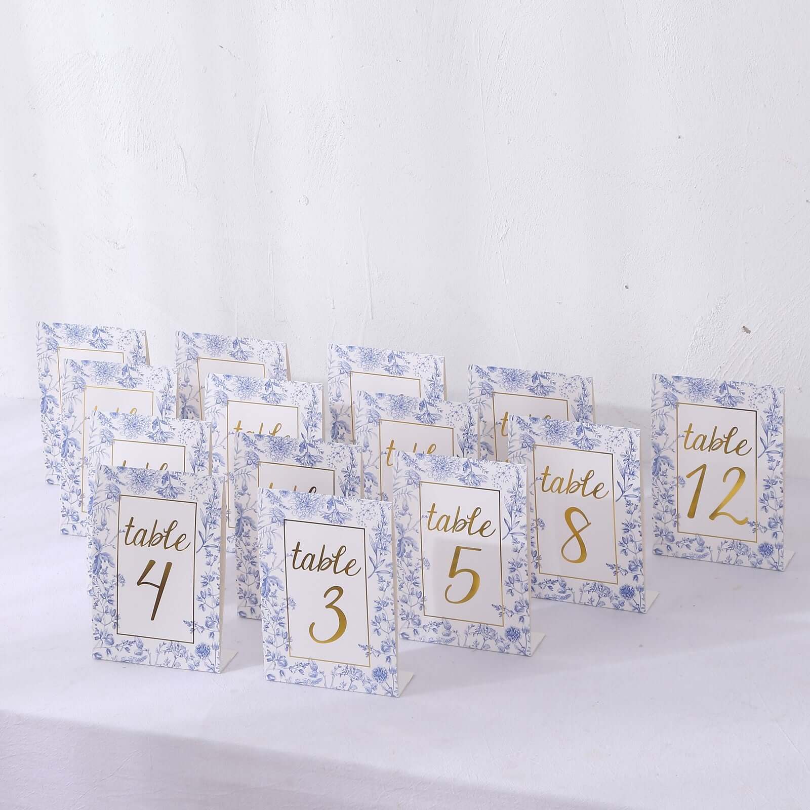 25-Pack Paper Wedding Table Numbers 1-25 White/Blue French Toile Design - Free Standing Double Sided Table Signs with Glam Gold Foil Numbers 7