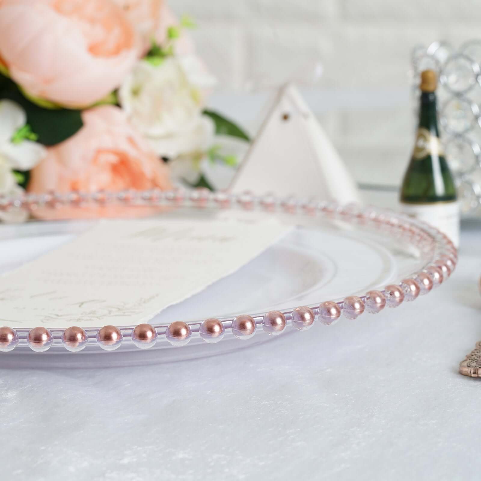 6-Pack Acrylic Round Charger Plates 13 in Clear with Rose Gold Beaded Rim, Decorative Dinner Party Serving Plates