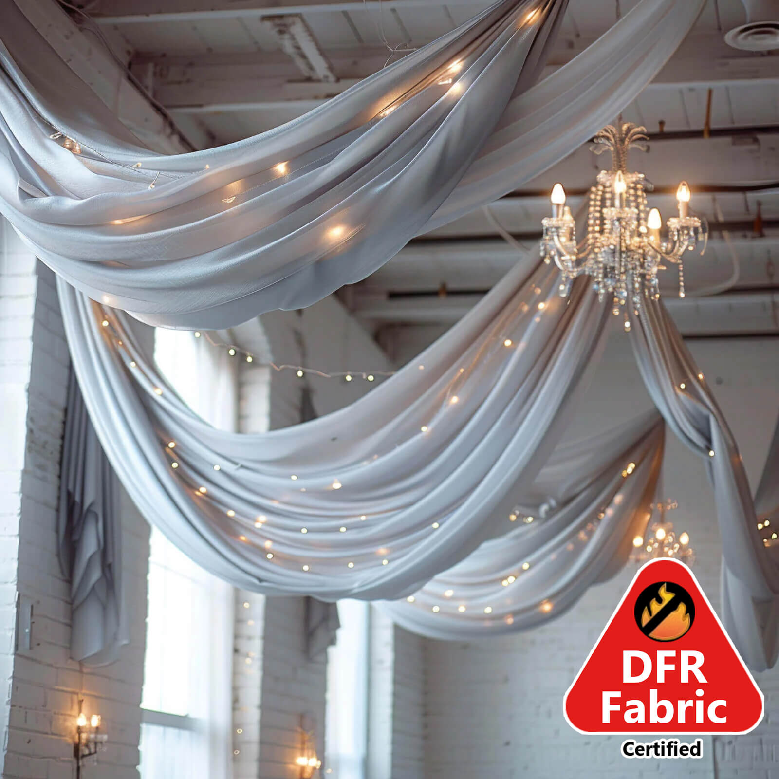 5ftx32ft Premium Silver Chiffon Curtain Panel, Durable Flame Resistant Backdrop Ceiling Drapery With Rod Pocket