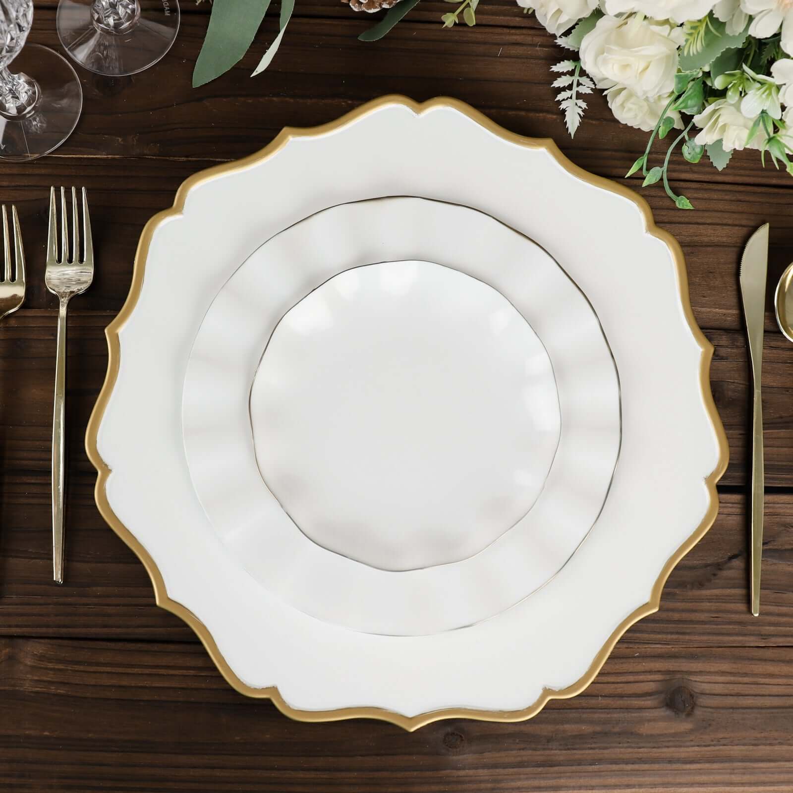 6-Pack Acrylic Round Charger Plates 13 in White with Gold Scalloped Rim, Decorative Dinner Party Plastic Charger Tableware