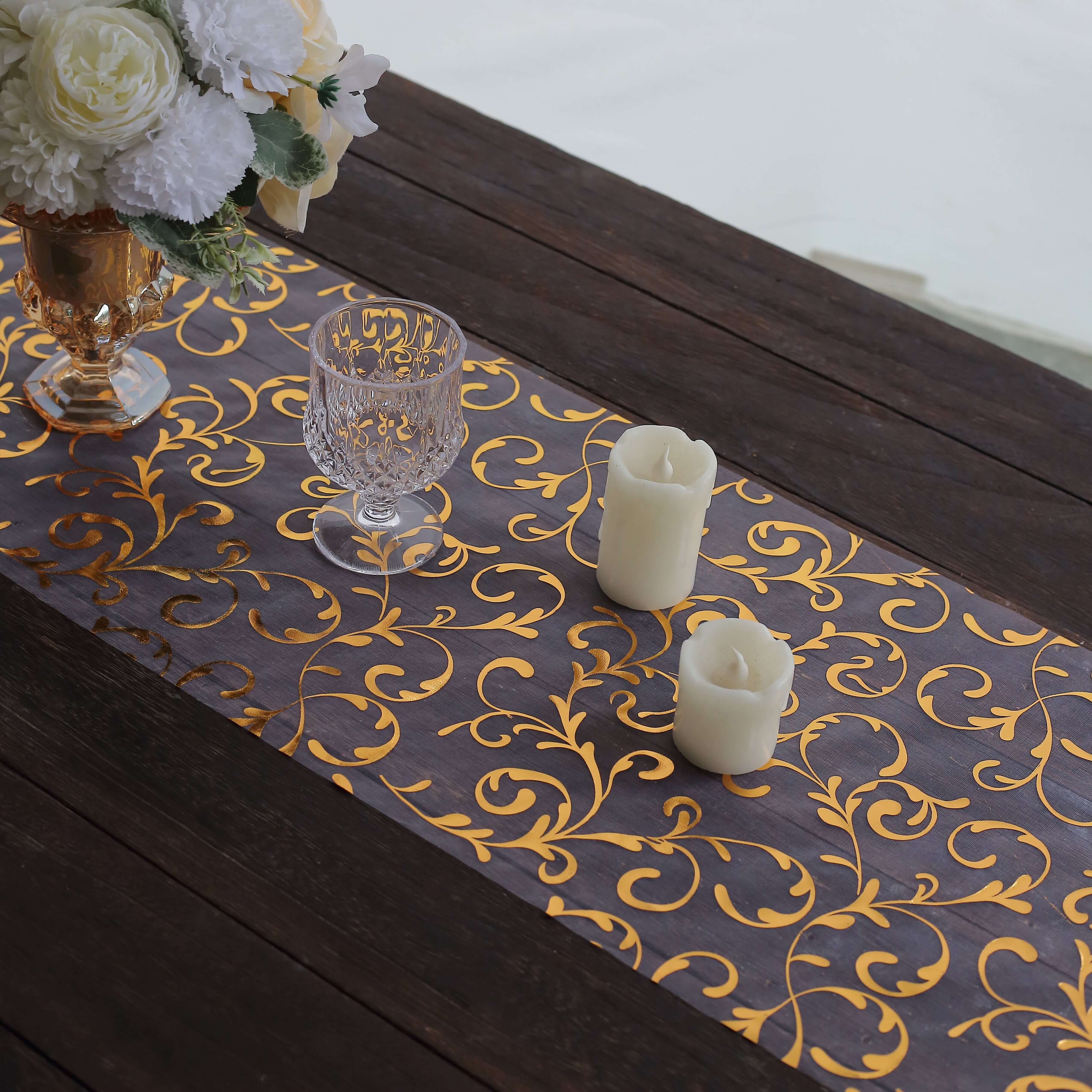 Sheer Organza 12x108 Table Runner Roll Metallic Gold Foil Embossed Floral Design - Stylish Event Decoration