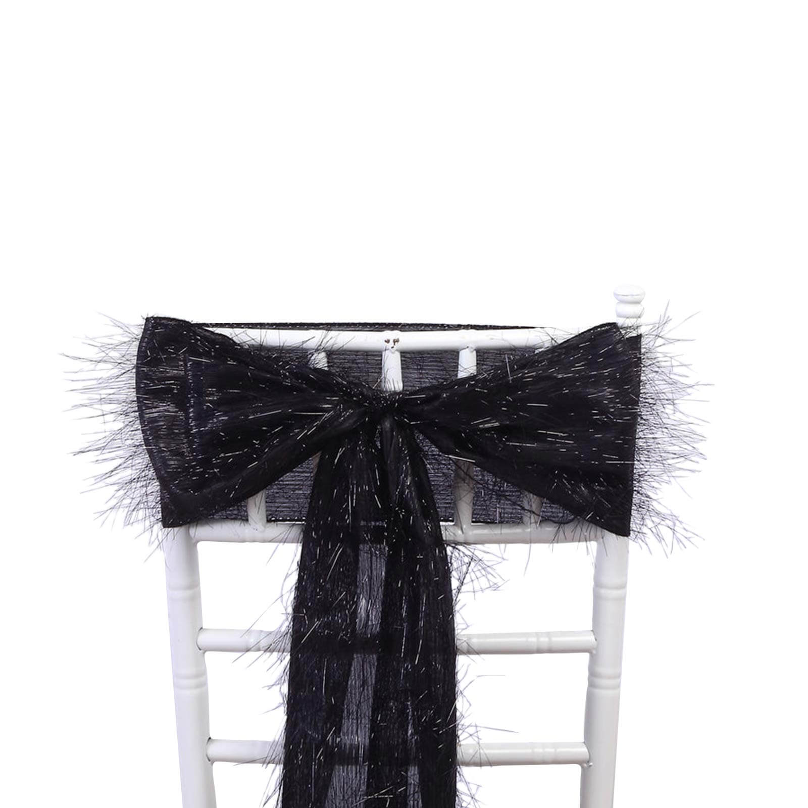 5 Pack Polyester Chair Sashes Black Metallic Tinsel Fringe - Easy to Use Chair Bows 6x108