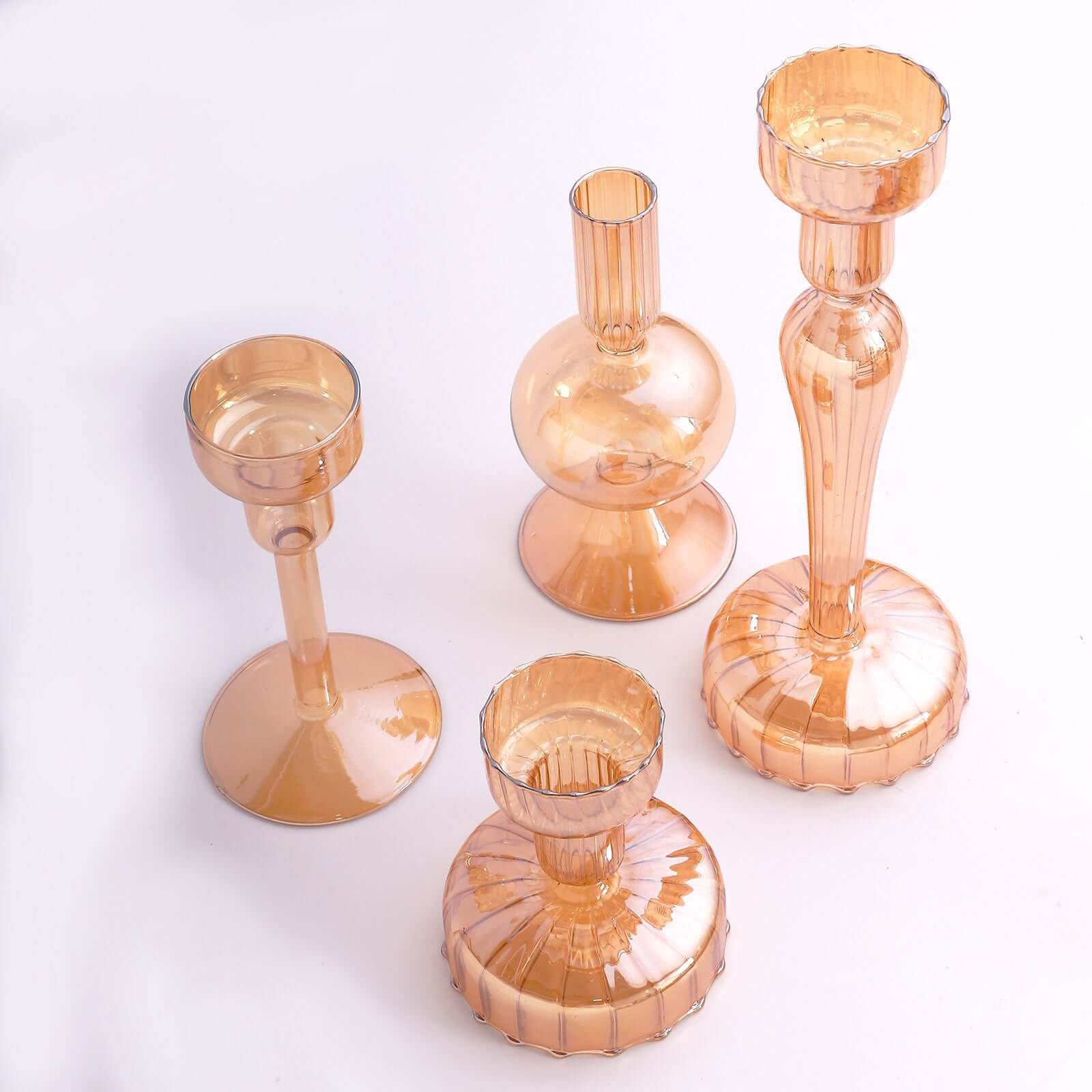 Set of 4 Glass Taper Votive Candle Holders Lined Crystal Design Assorted Amber Gold - Tea Light Stand Set 4, 5.5, 6, 9