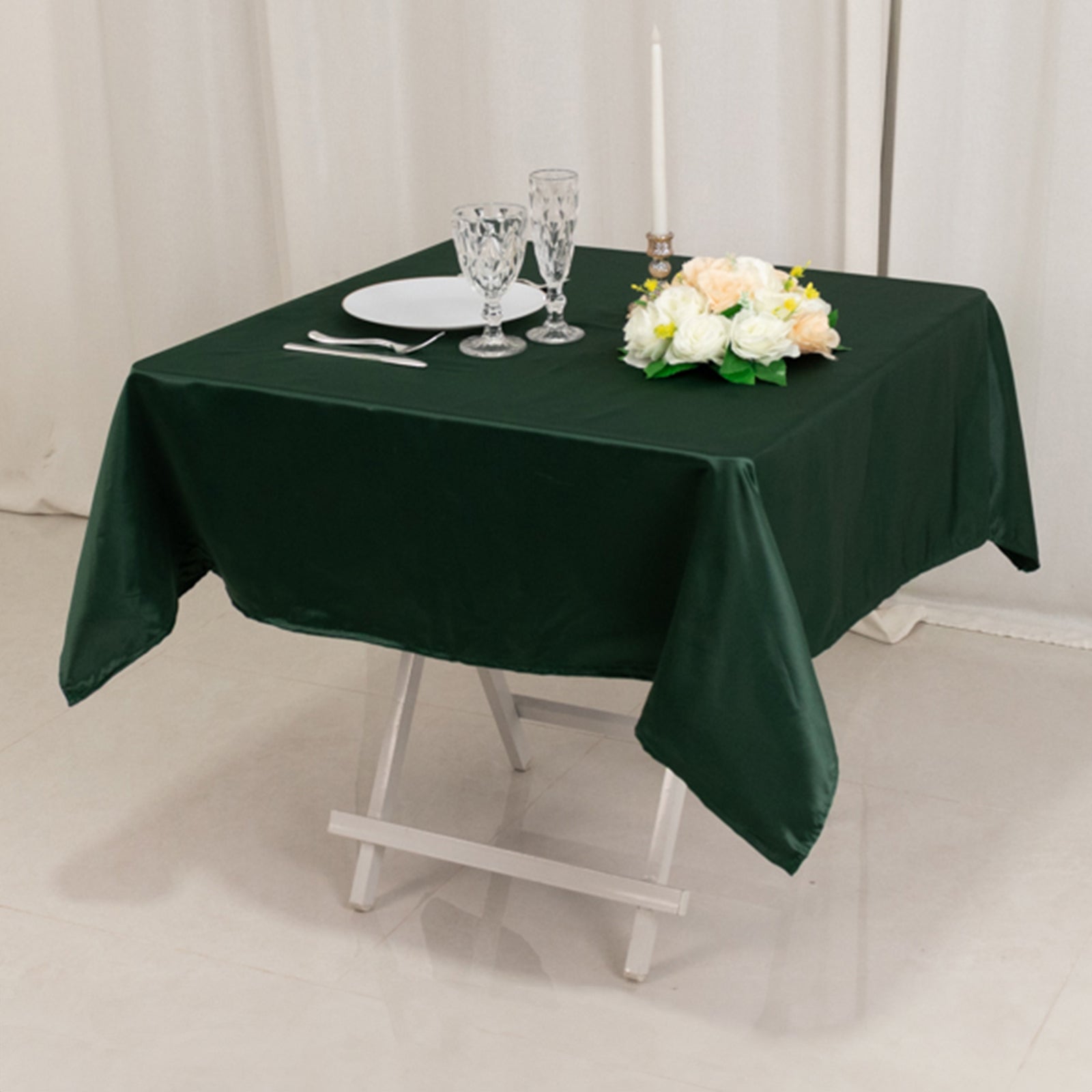 Lamour Satin 54x54 Table Overlay Square Tablecloth Hunter Emerald - Durable & Silk-Like Table Cover