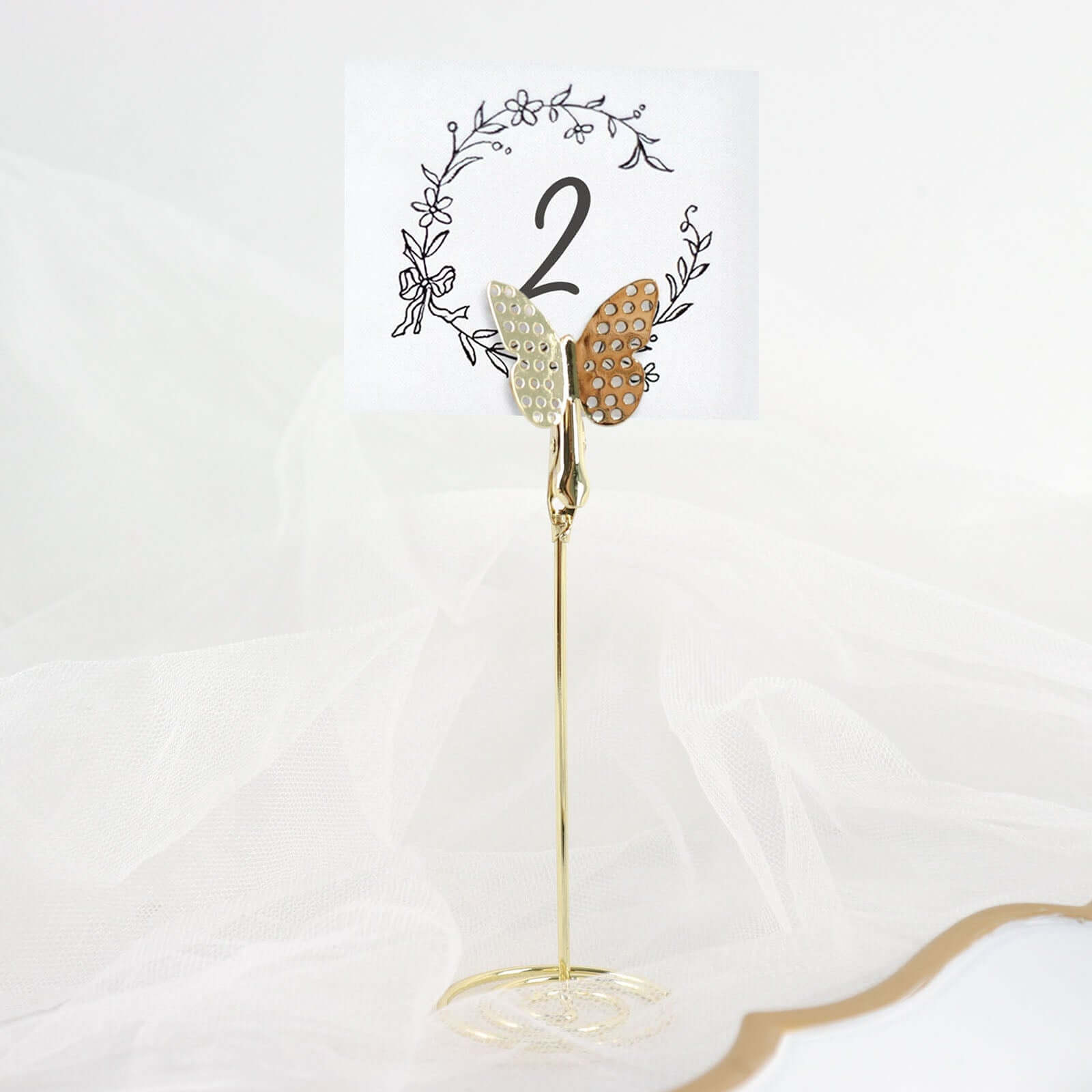 5-Pack Metal Place Card Holders Gold - Modern Table Number Stands with Whimsical Butterfly Clips & Spiral Base for Signs Memos Photos Menus 5