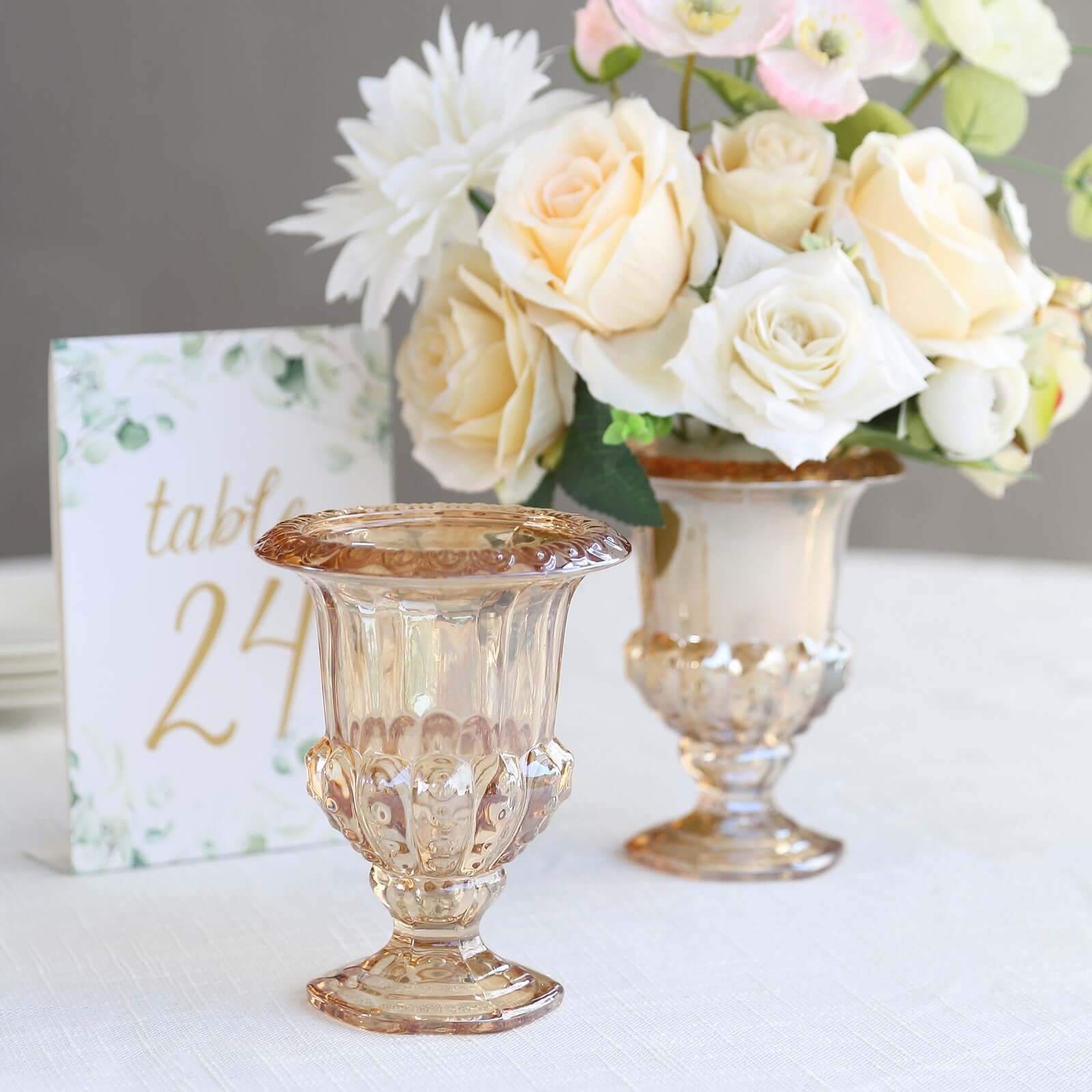 2-Pack Glass Mini Pedestal Flower Vases in Classic Roman Urn Style Amber Gold - Sophisticated Wedding Table Centerpieces 6