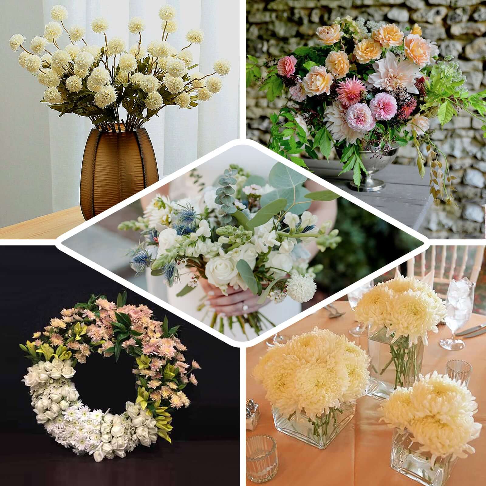 2 Bushes 33 Ivory Artificial Mums Spray, Faux Chrysanthemum Flower Bouquet