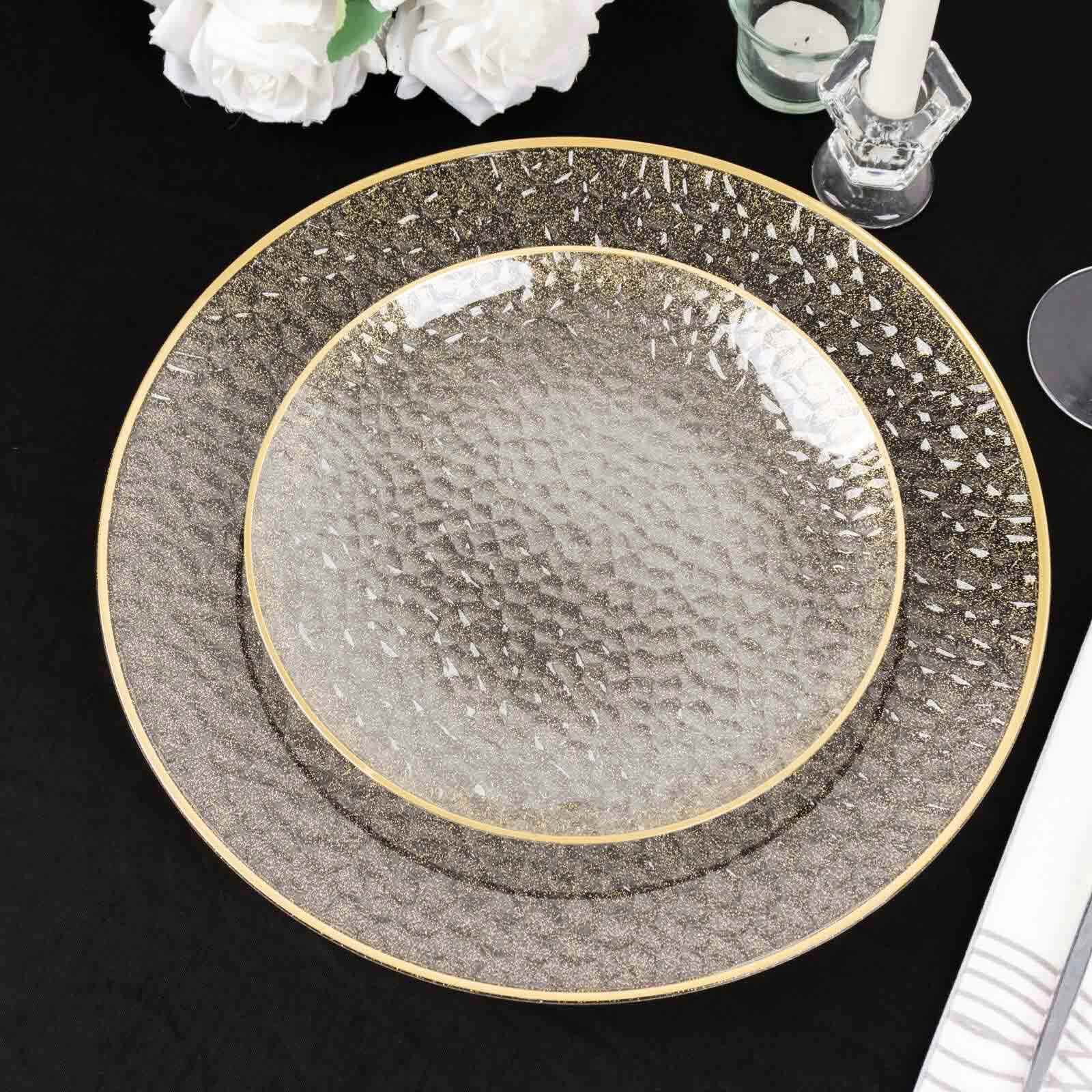 10-Pack Plastic 7 Round Dessert Appetizer Plates in Clear Gold Glittered Hammered Design with Gold Rim - Modern Disposable Salad Plates for Events & Banquets