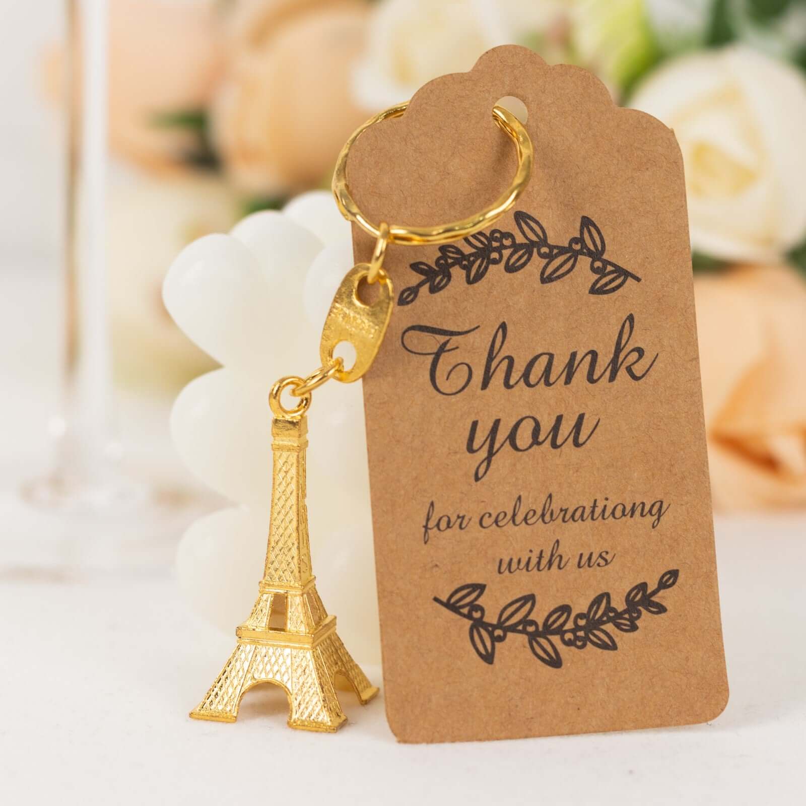 10 Pack Gold Plastic Paris Eiffel Tower Keychain Wedding Favors, 4 Bridal Shower Party Souvenirs With Thank You Tag