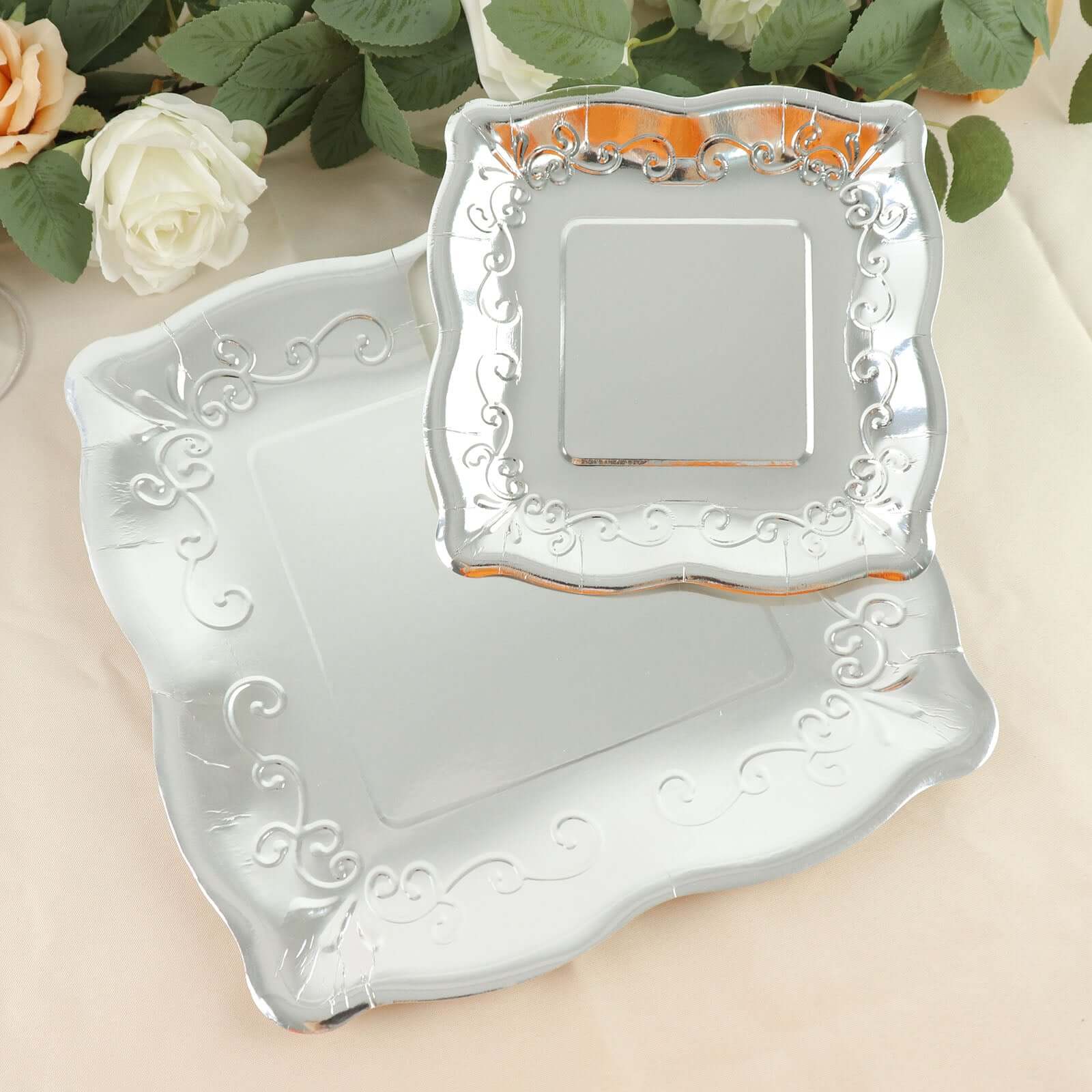 25-Pack Paper 7 Square Dessert Plates in Silver with Vintage Pottery Embossed Design - Shiny Metallic Disposable Appetizer Plates