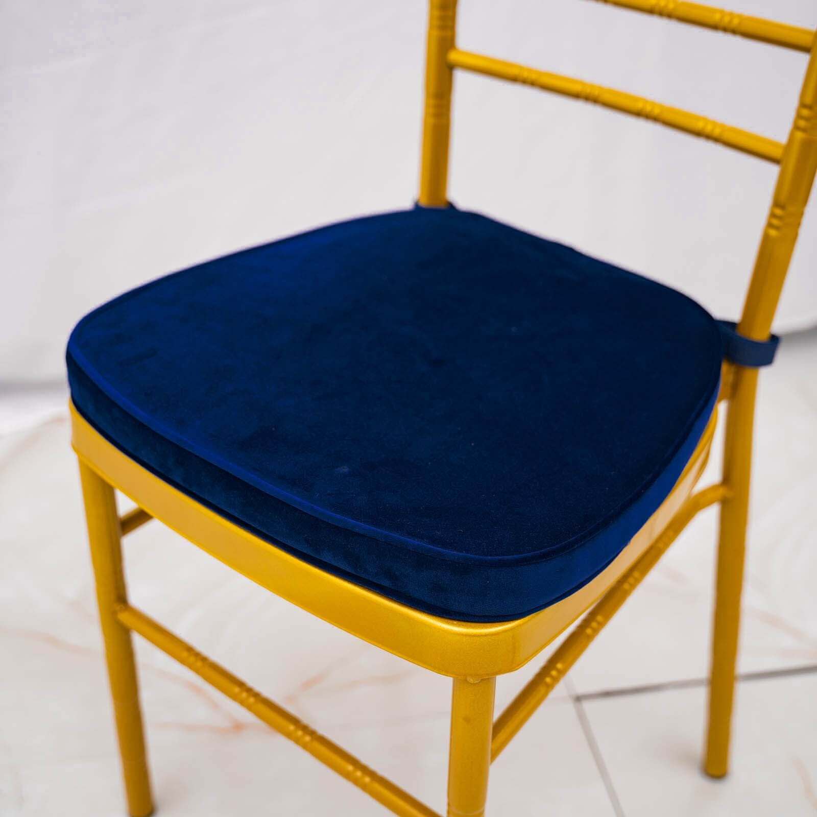 Velvet Chair Cushion with 2 Thick Memory Foam and Ties Navy Blue - Removable Cover for Chiavari Chairs