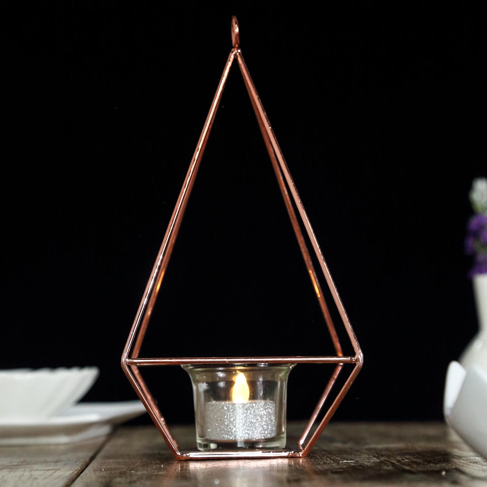 2-Pack Tealight Candle Holders Rose Gold Metal Pyramid Geometric Open Frame - Flower Stand 9