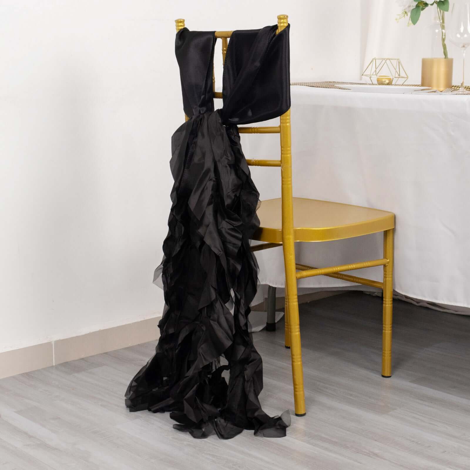 5 Pack Chiffon Satin Chair Sashes Black - Easy to Install Lustrous Ruffled Curly Willow Wedding Chair Decorations