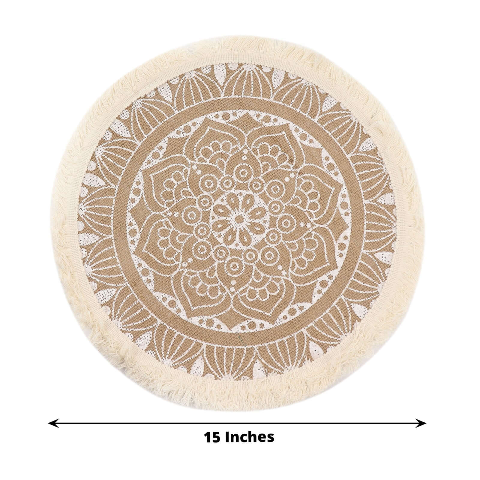 4-Pack Placemats Mandala Print Fringe Design Natural Jute and White Round - Rustic Burlap Tassel Style 15