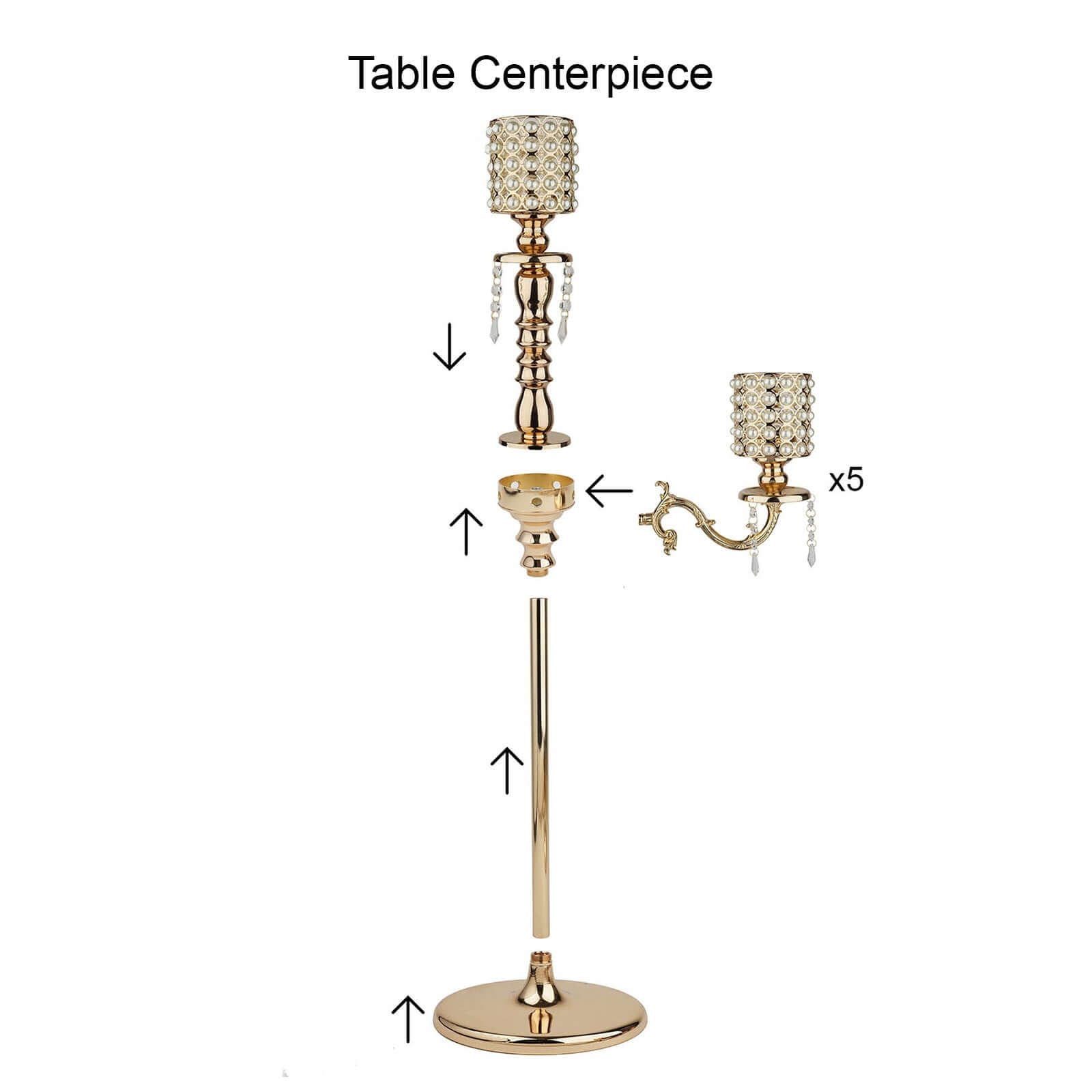 Metal Pearl Beaded Candelabra in Gold 6-Arm - Stylish Table Centerpiece with Crystal Chandelier Pendants