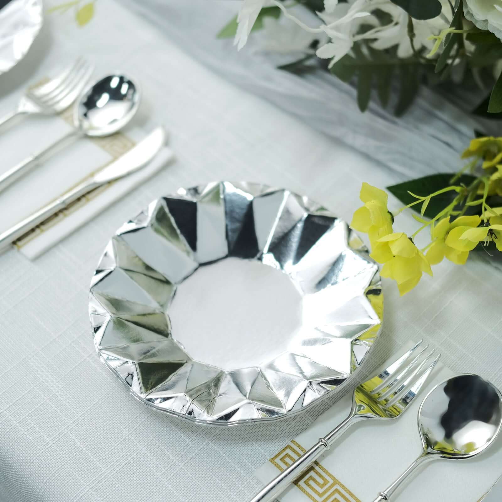 25-Pack Paper 7 Round Dessert Plates in Metallic Silver with Geometric Prism Rim - Disposable 400GSM Appetizer Salad Plates