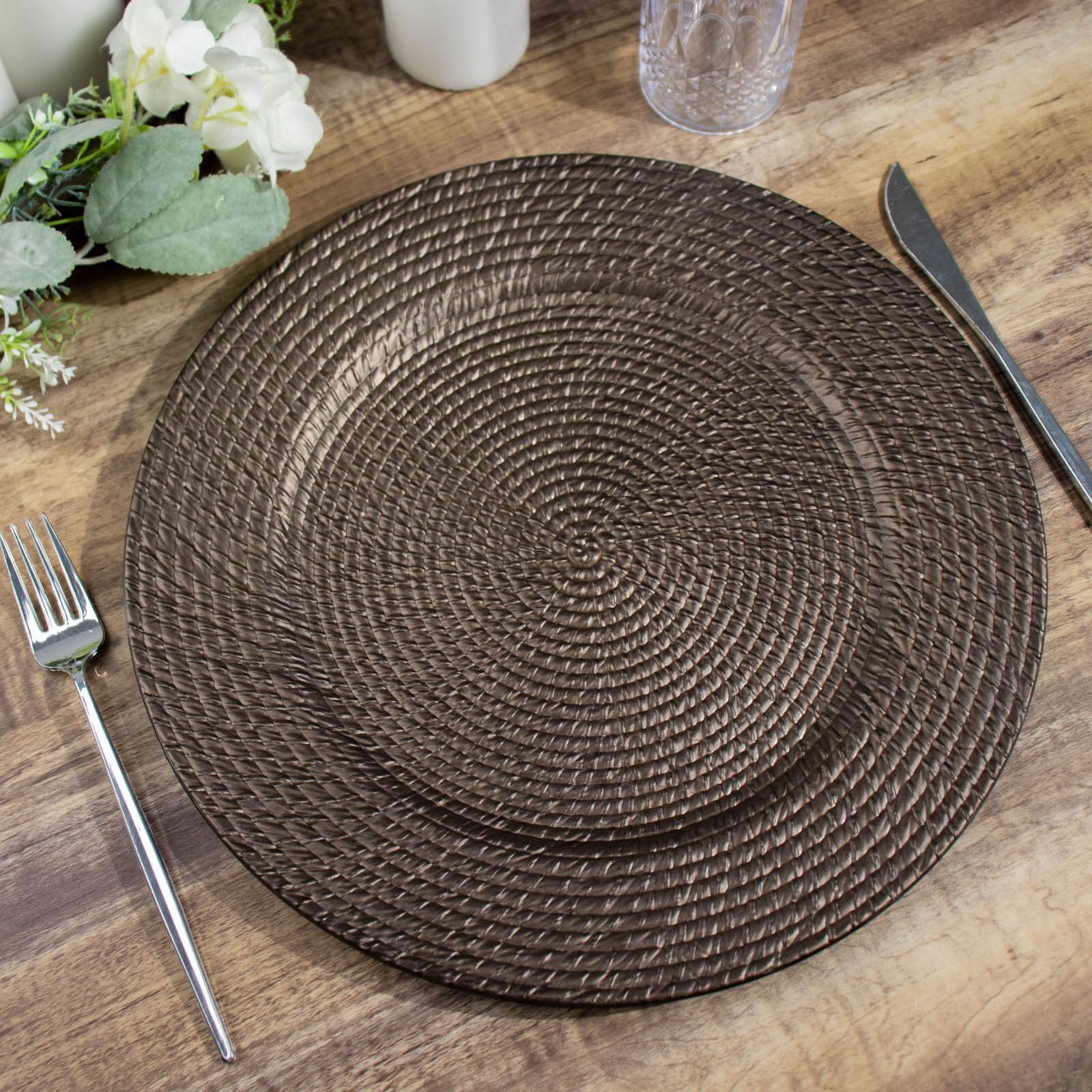 6-Pack Acrylic Round Charger Plates 13 in Natural Brown with Rattan-Like Design, Farmhouse Disposable Plastic Charger Tableware