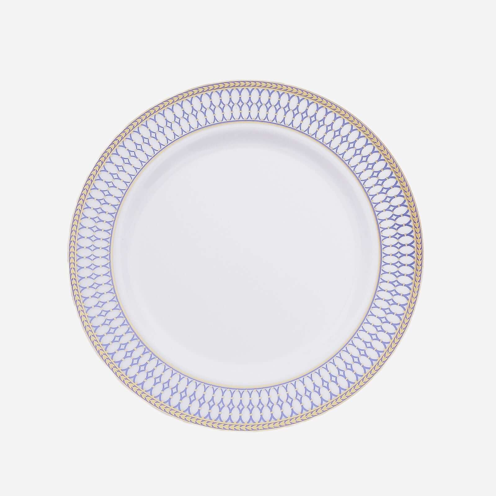 10-Pack Plastic 7 Round Dessert Plates in White with Gold Navy Blue Chord Rim - Renaissance Style Disposable Salad Appetizer Plates for Events & Banquets