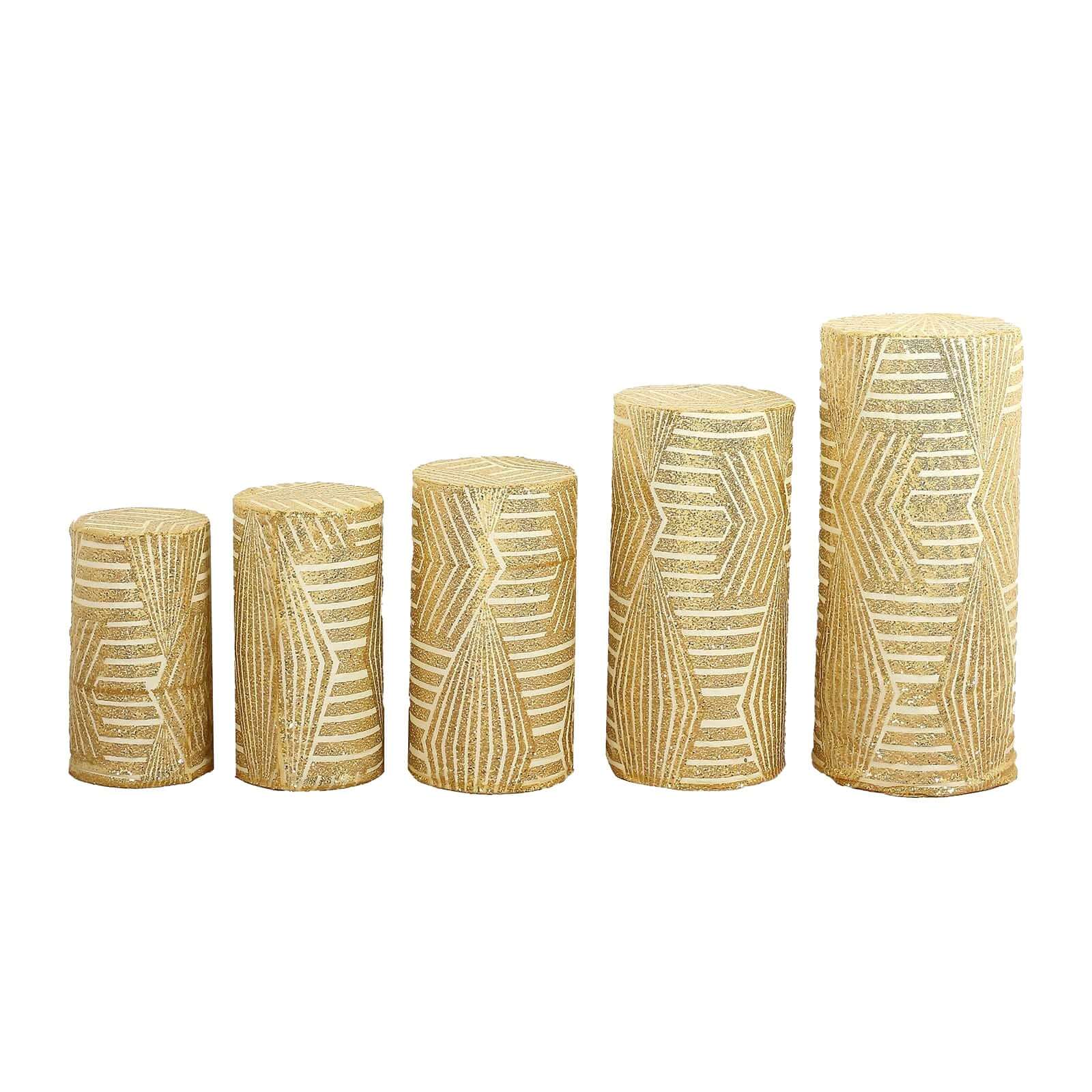 Set of 5 Gold Sequin Mesh Cylinder Pedestal Stand Covers with Geometric Pattern Embroidery, Sparkly Sheer Tulle Pillar Prop Covers