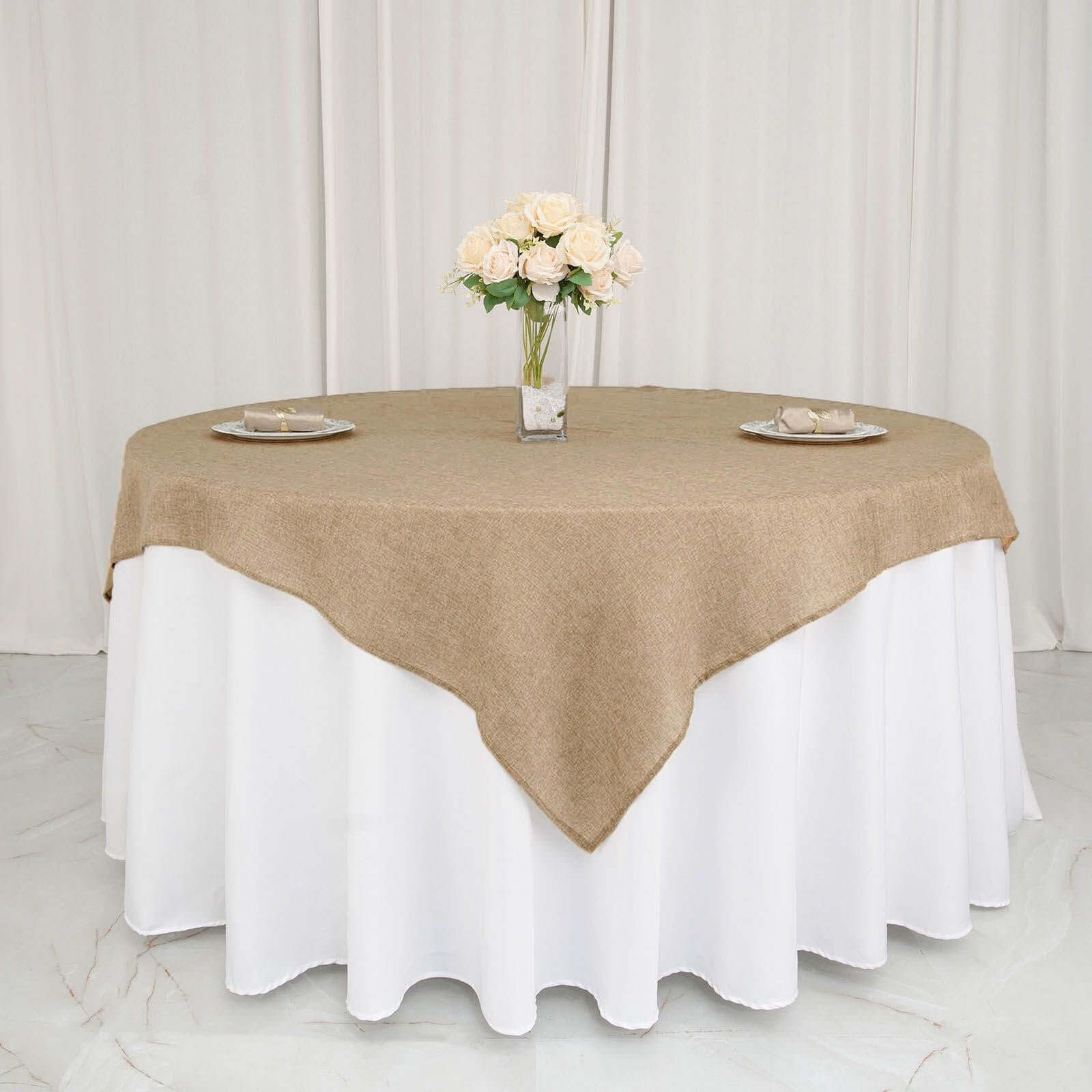 Burlap 72x72 Faux Jute Table Overlay Square Tablecloth Natural - Boho Chic Design for Vintage Celebrations