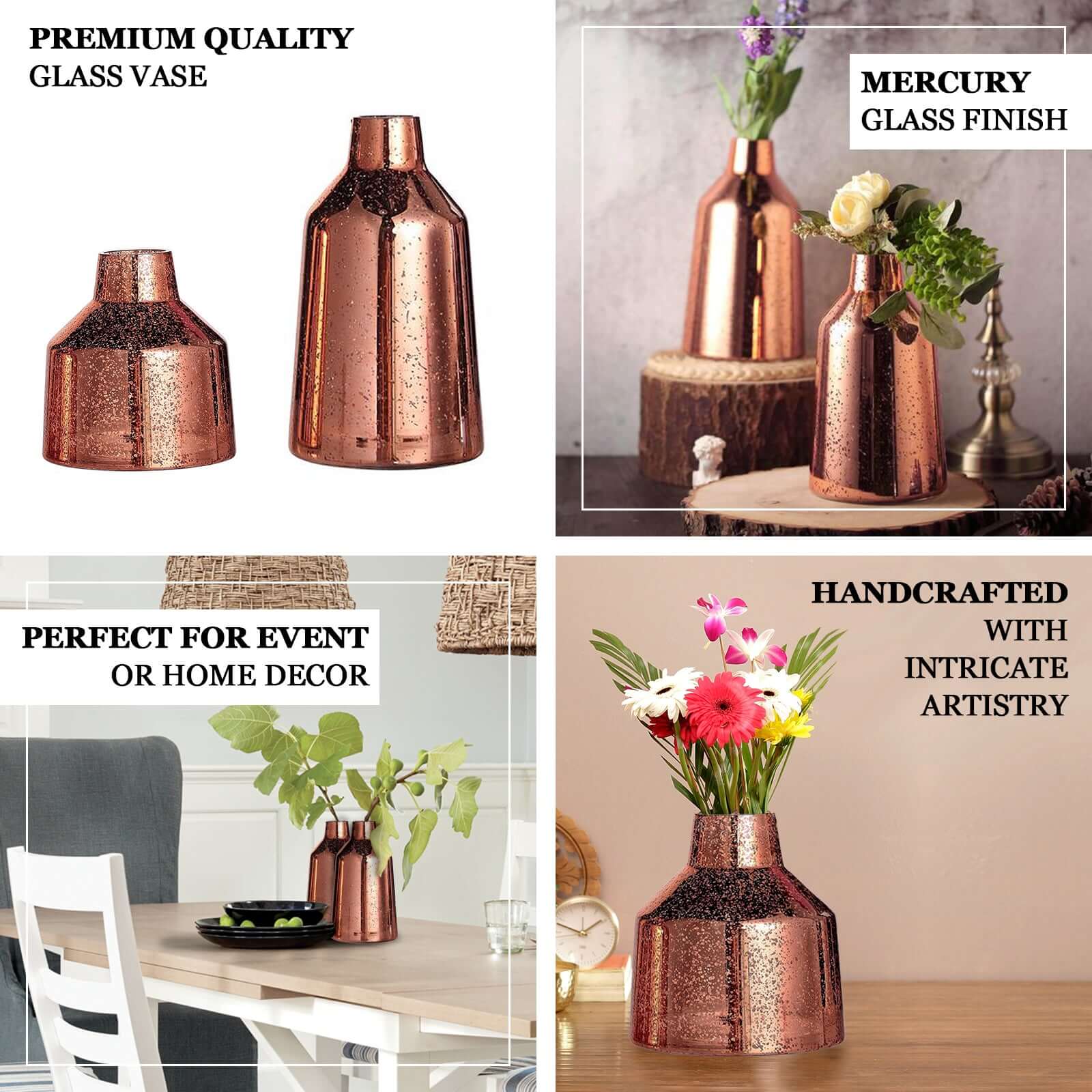 2-Pack Mercury Glass Vases Vessel Design Rose Gold - Stylish Flower Centerpieces for Events 8