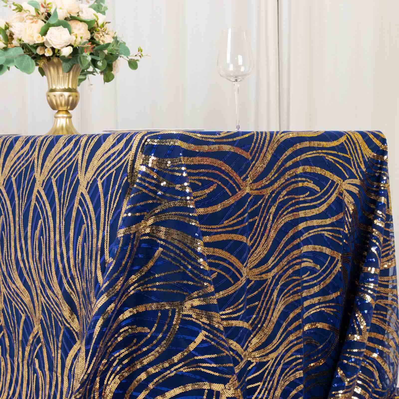 Mesh 90x156 Rectangle Tablecloth Royal Blue/Gold - Wave Sequin Embroidered Table Cover