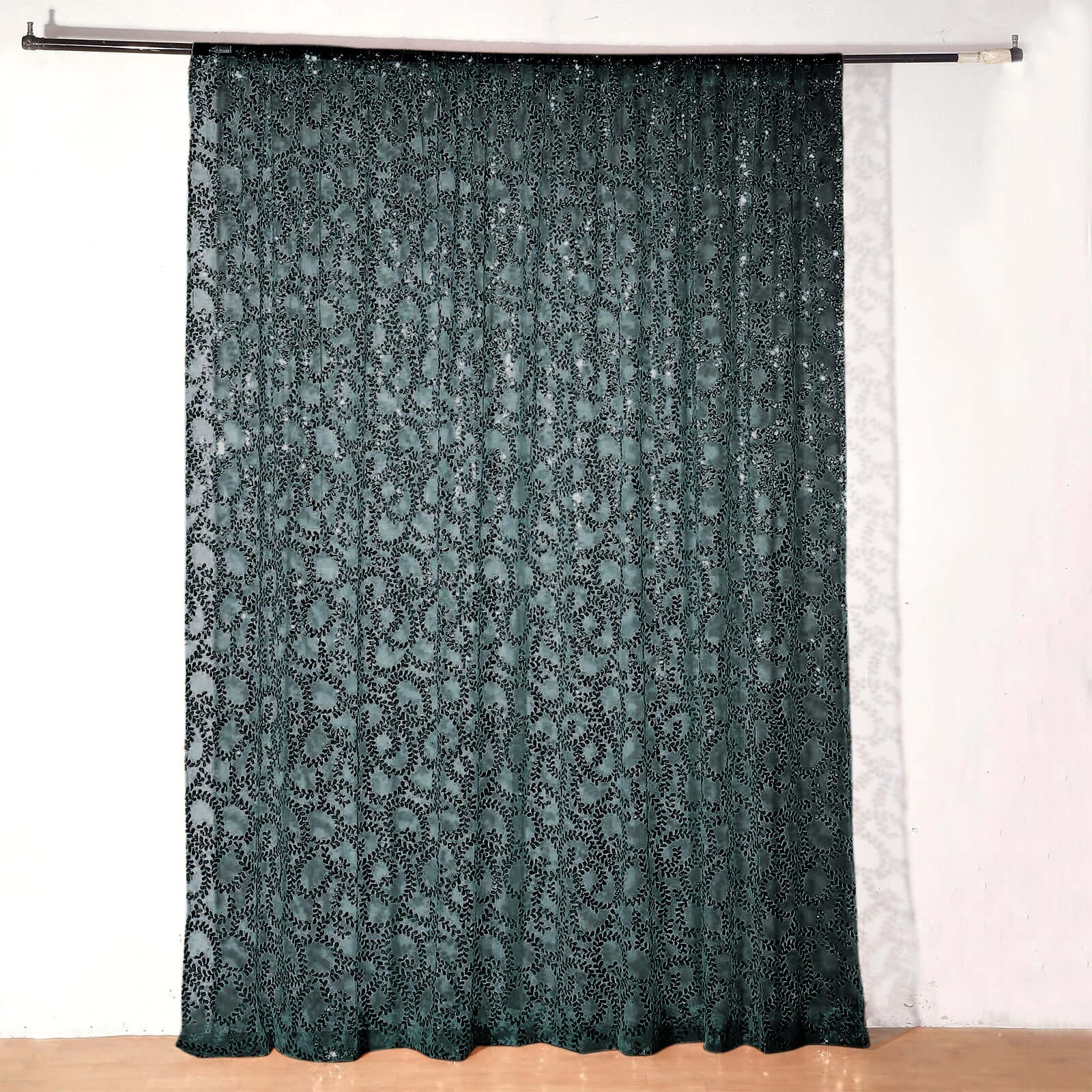 8ftx8ft Hunter Emerald Green Embroider Sequin Event Curtain Drapes, Sparkly Sheer Backdrop Event Panel With Embroidery Leaf