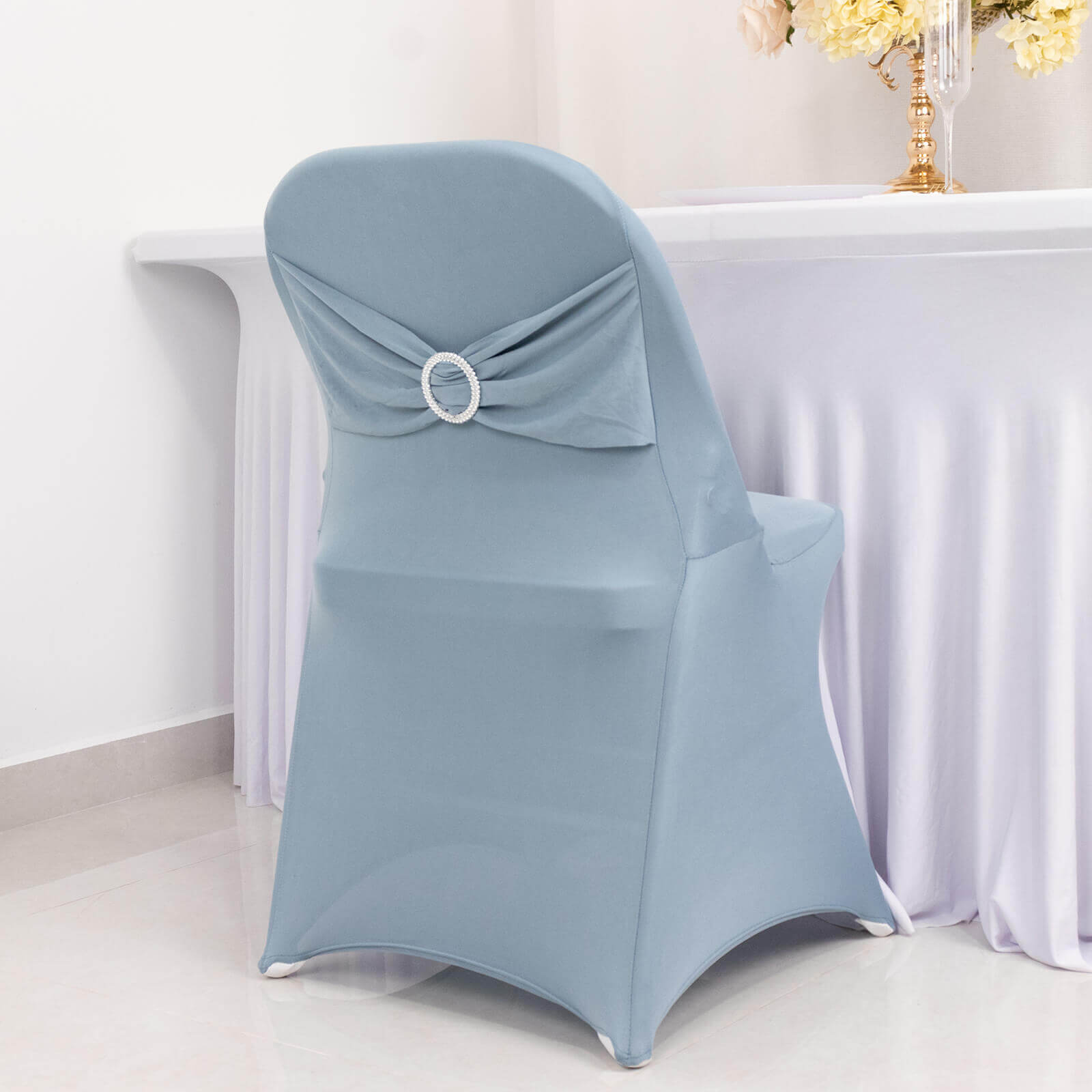 Stretch Spandex Chair Cover Dusty Blue for Folding Chairs - Secure Fit Slipcover with Silver Rhinestone Buckled Sash Band