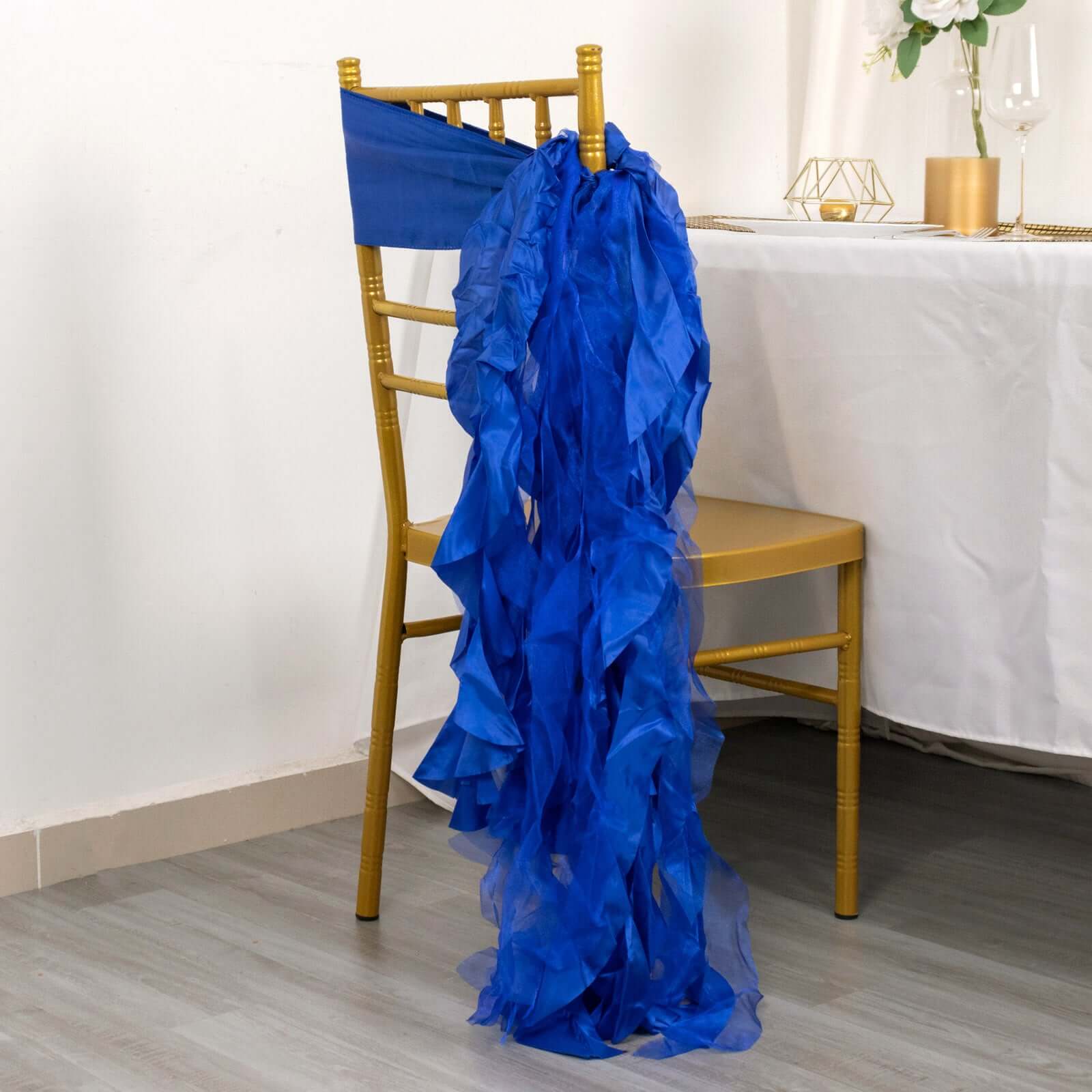 5 Pack Chiffon Satin Chair Sashes Royal Blue - Easy to Install Ruffled Curly Willow